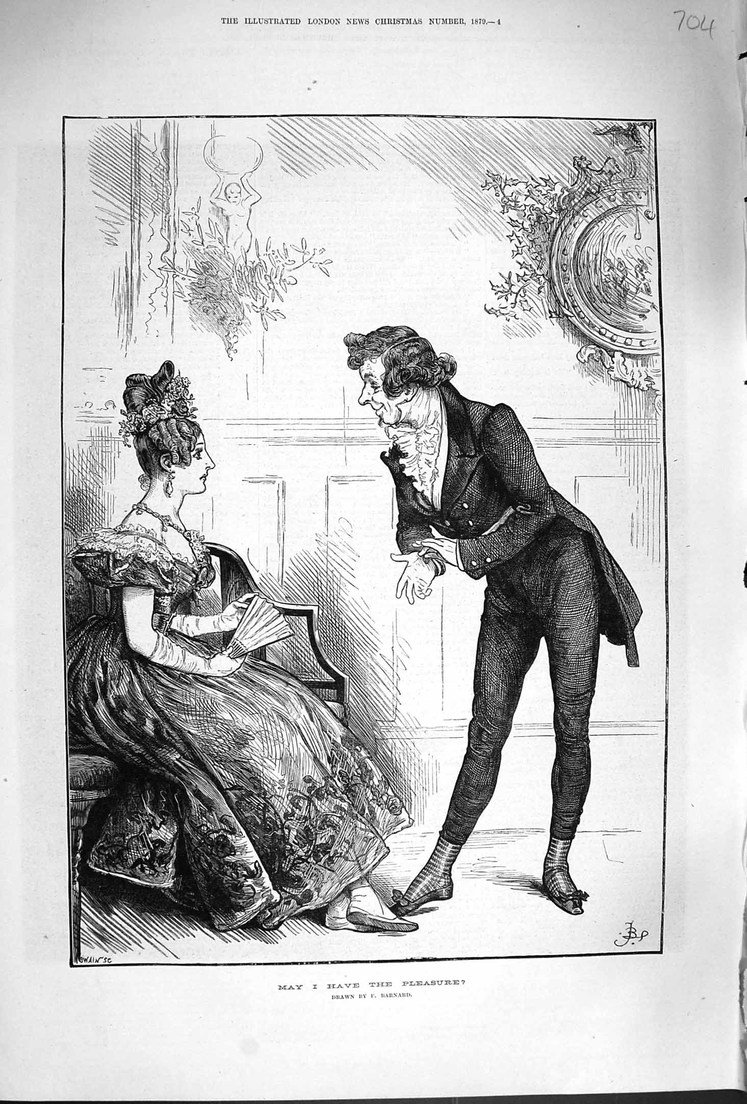 Old Antique Print 1879 May I Have The Pleasure Man Lady Romance Barnard 19th