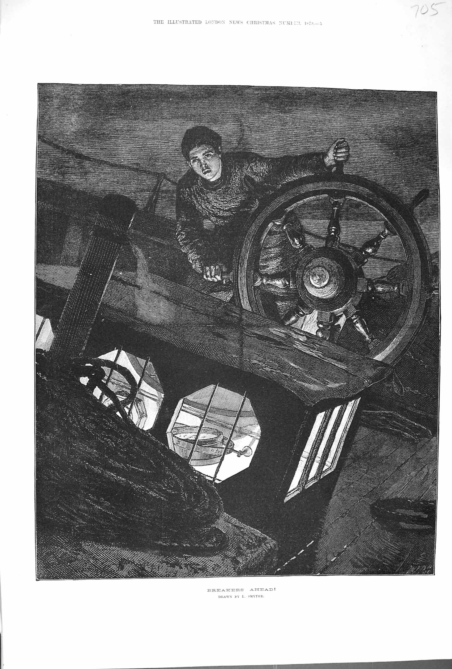 Original Old Antique Print 1879 Breakers Ahead Man Ships Wheel Smythe Fine Art