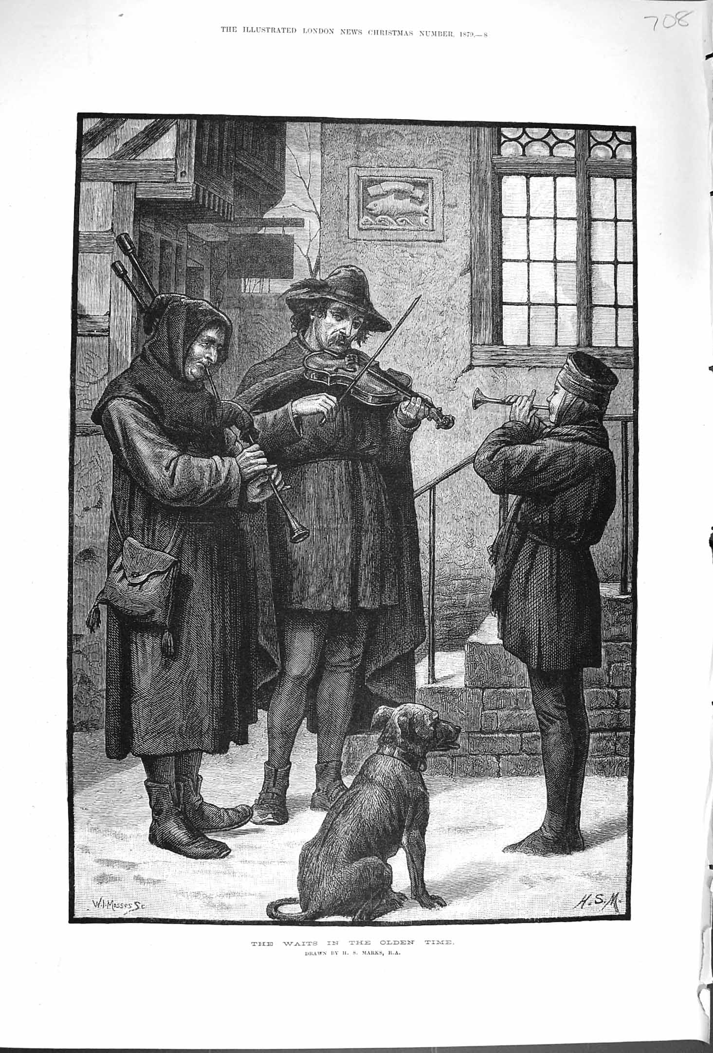 Original Old Antique Print 1879 Waits Gen Time Music Men Dog Fine Art Victorian