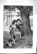 Old Antique Print 1879 First Proposal Young Boy Girl Romance Dog Garden 19th