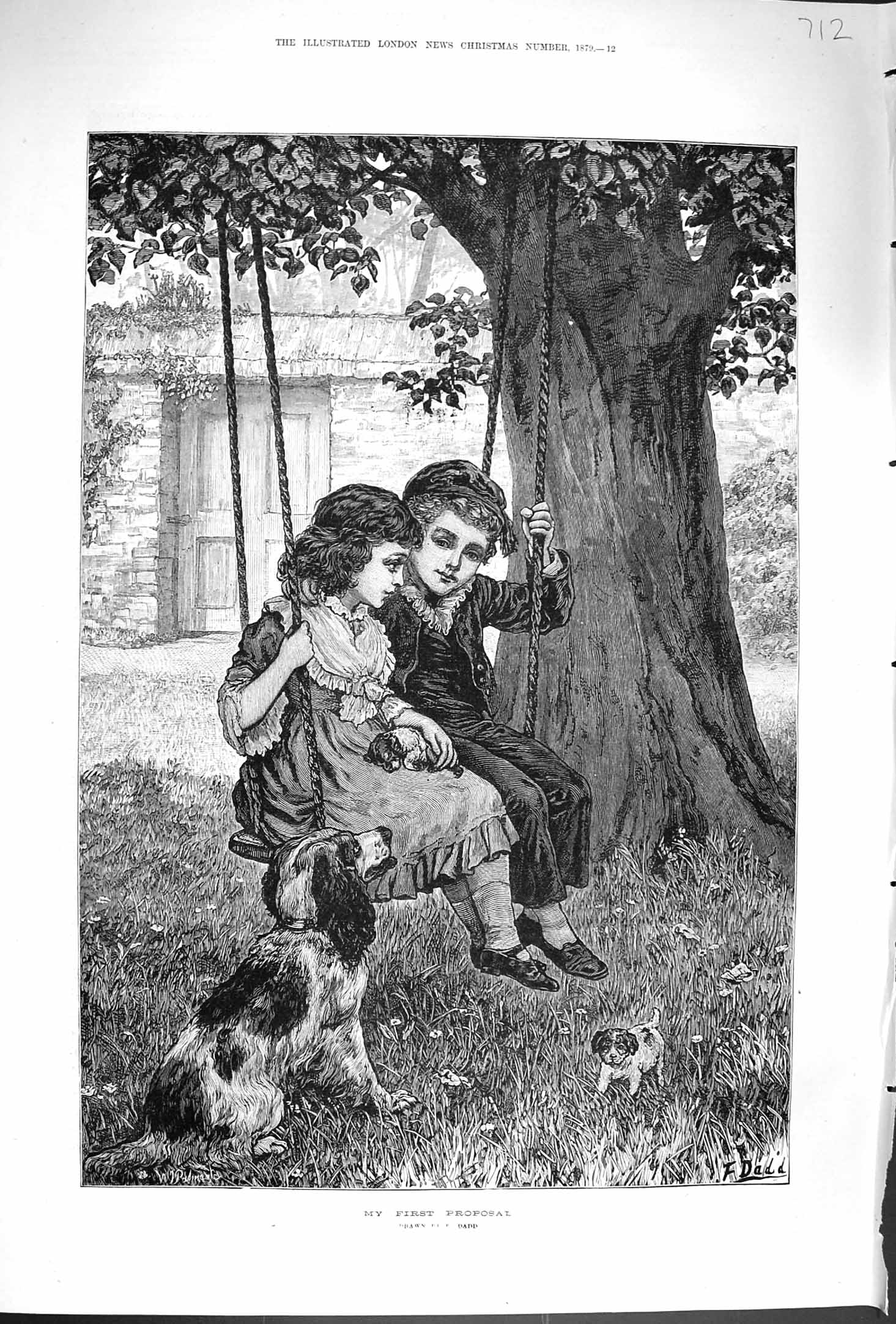 Old Antique Print 1879 First Proposal Young Boy Girl Romance Dog Garden 19th