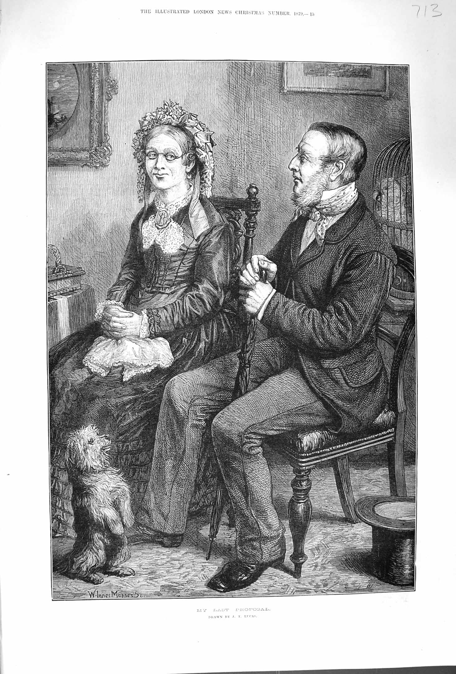 Original Old Antique Print 1879 Last Proposal Romanec Man Woman Dog Lucas Art