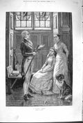 Original Old Antique Print 1879 Family Relic Young Women Man Sword Dog Fine Art
