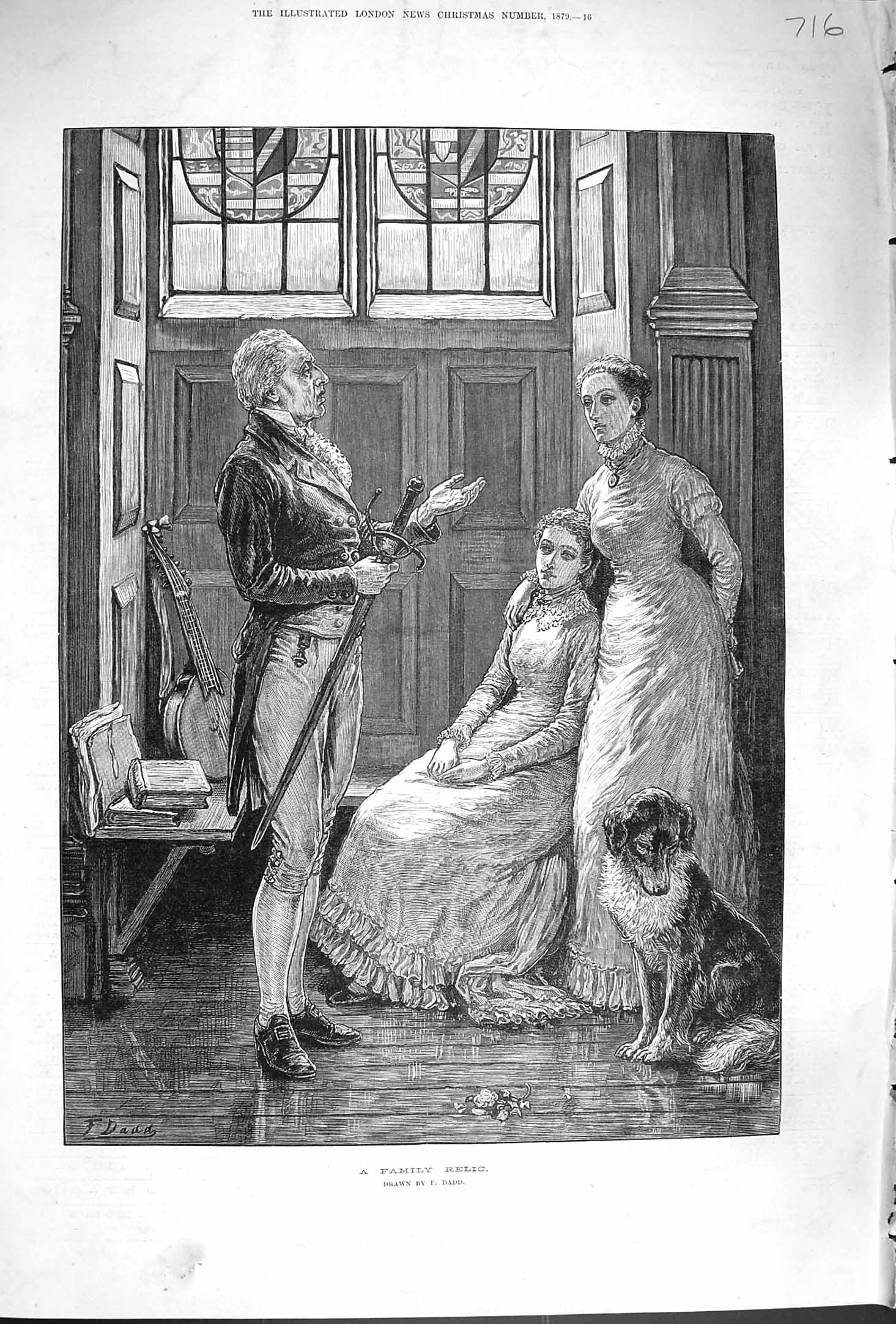 Original Old Antique Print 1879 Family Relic Young Women Man Sword Dog Fine Art