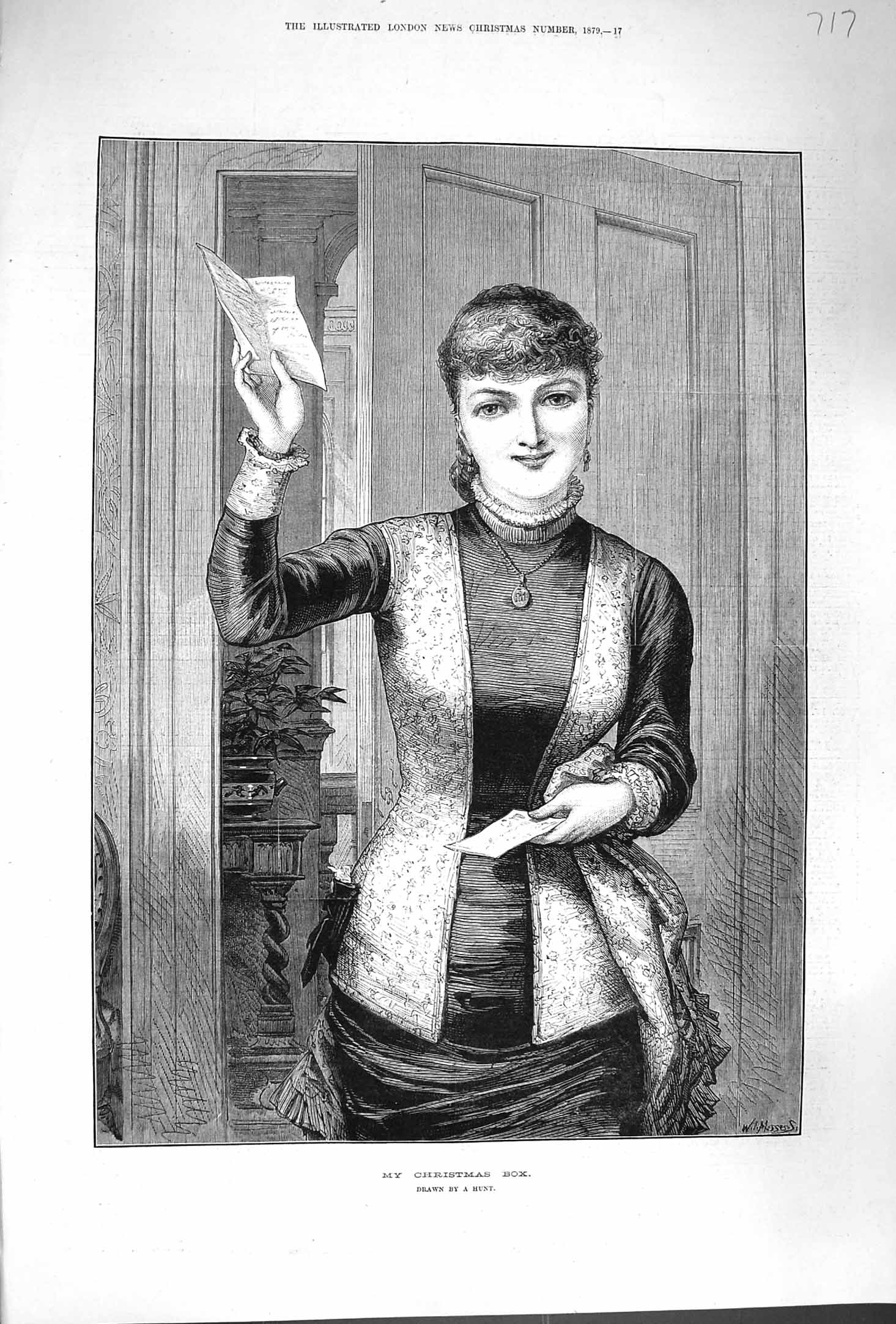 Old Antique Print 1879 My Christmas Box Young Woman Letter Hunt Fine Art 19th