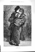 Old Antique Print 1879 Tired Out Mother Carrying Little Girl Winter Scene 19th
