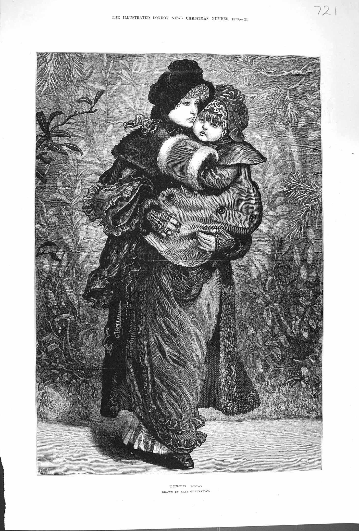 Old Antique Print 1879 Tired Out Mother Carrying Little Girl Winter Scene 19th