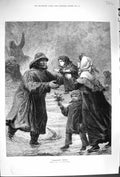 Original Old Antique Print 1879 Welcome Home Family Scene Fisherman Christmas