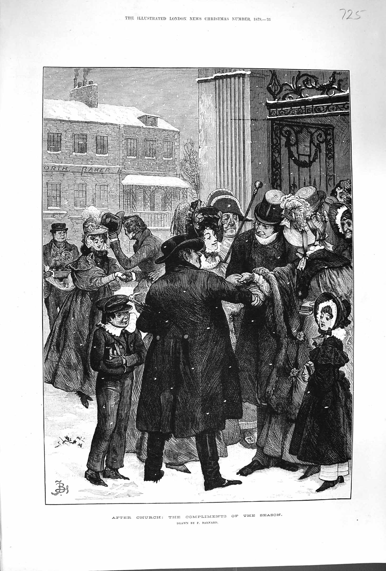 Original Old Antique Print 1879 After Church Christmas Season Snow Fine Art