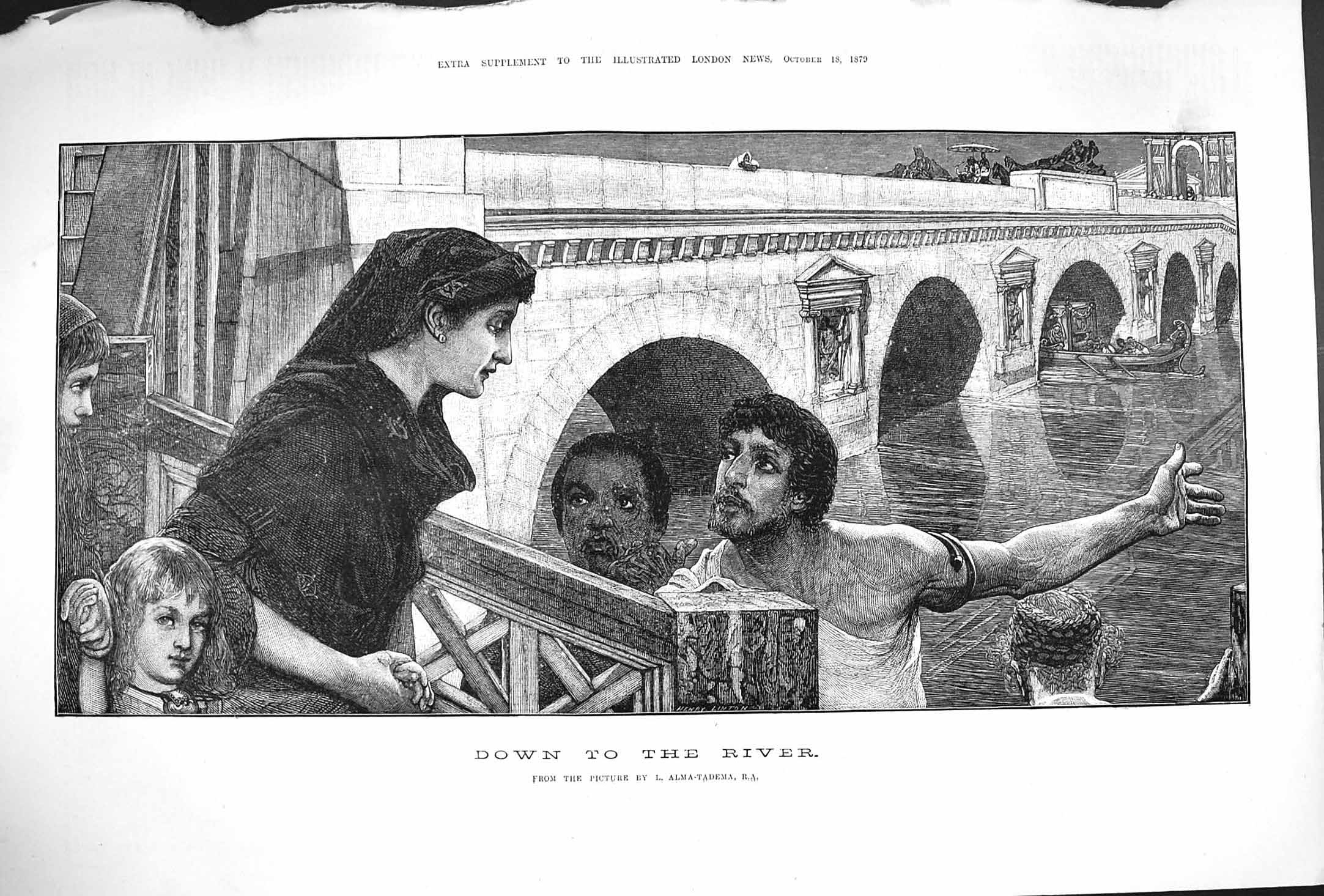 Old Antique Print 1879 View Down The River Boats Bridge Alma-Tadema Art 19th
