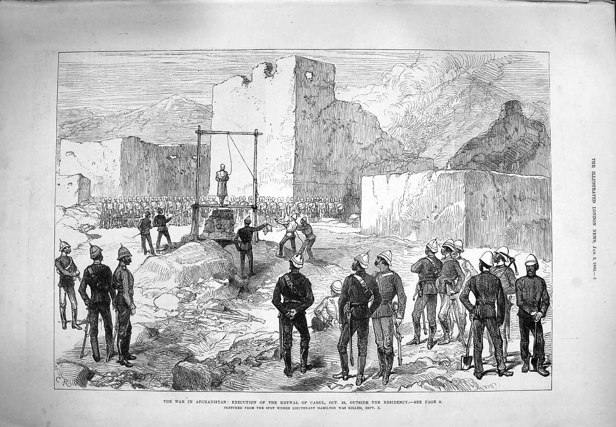 Original Old Antique Print 1880 War Afghanistan Execution Kotwal Cabul Hamilton