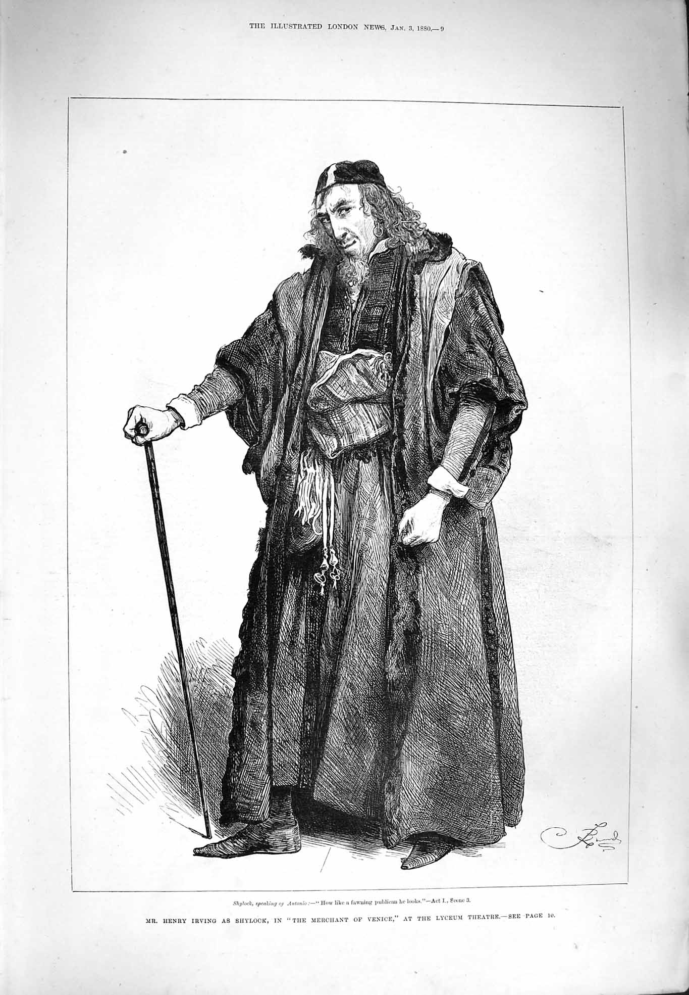 Original Old Antique Print 1880 Mr Henry Irving Shylock Venice Lyceum Theatre