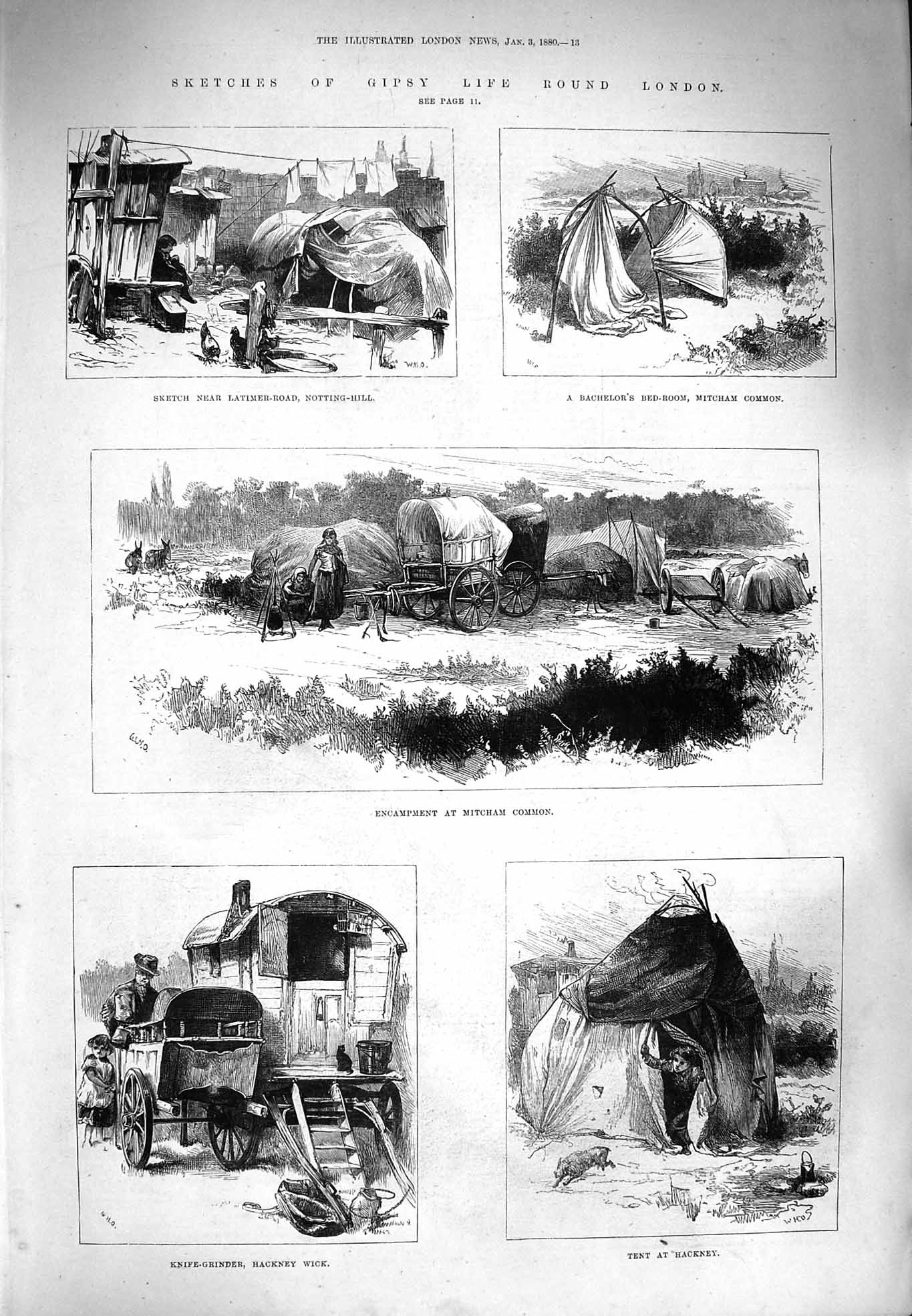 Original Old Antique Print 1880 Gipsy Life London Mitcham -Grinder Hackney 19th