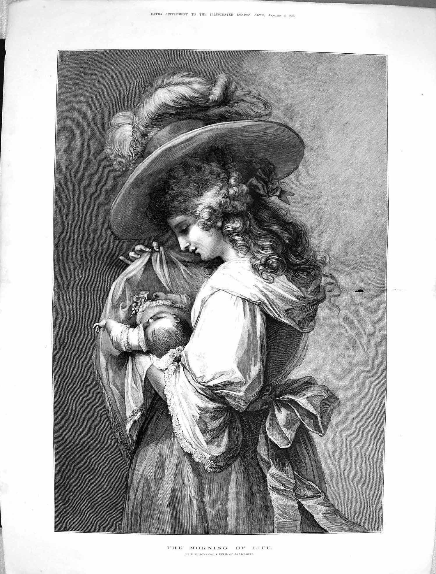 Original Old Antique Print 1880 Portrait Mother Baby Girl Morning Life 0 19th
