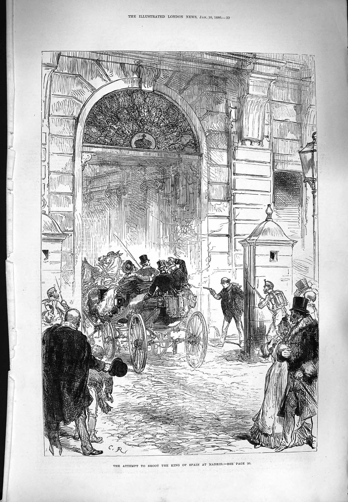 Original Old Antique Print 1880 Scene Attempt Shoot King Spain Madrid Carriage