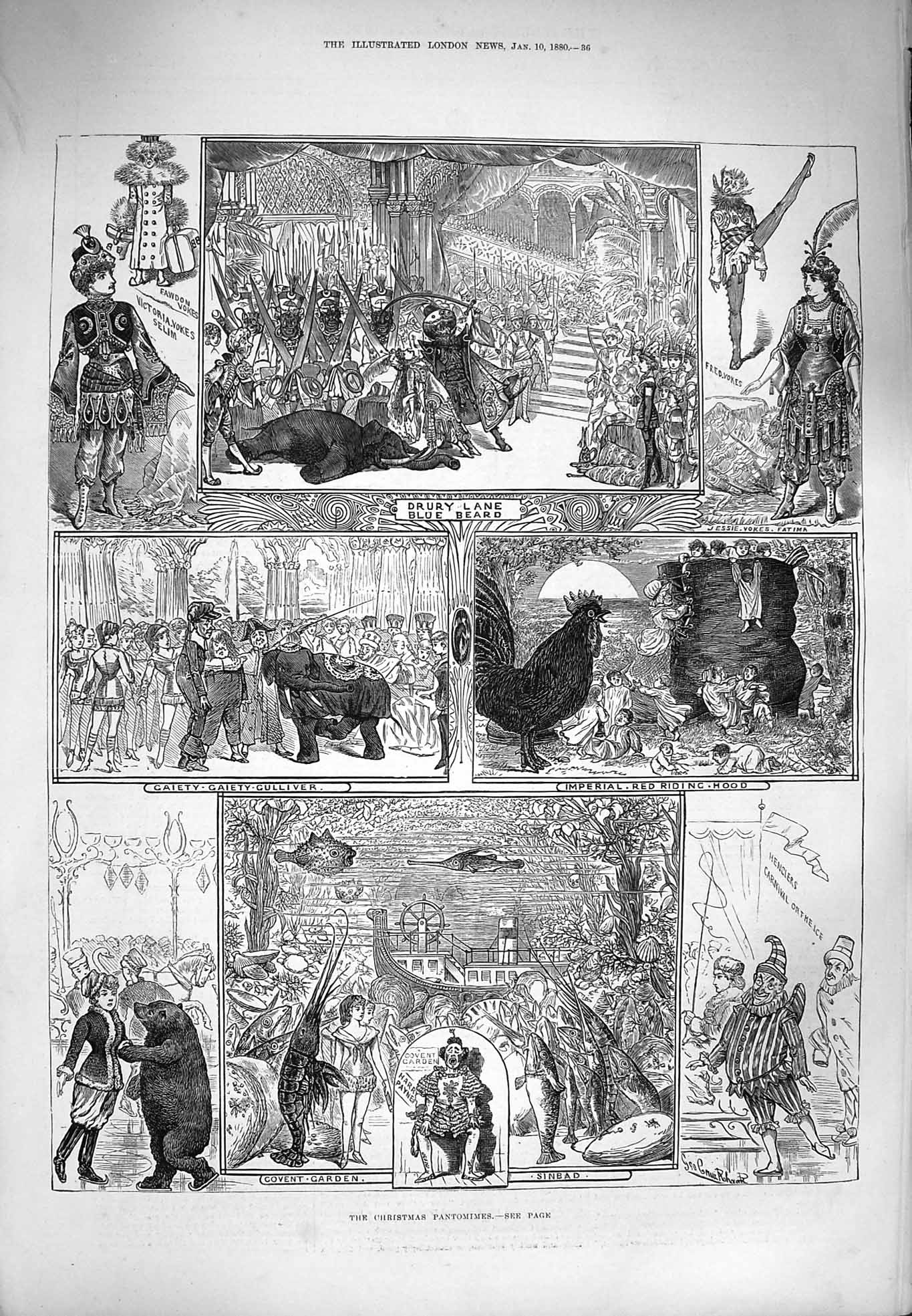 Original Old Antique Print 1880 Christmas Pantomimes Sinbad Drury Lane Theatre