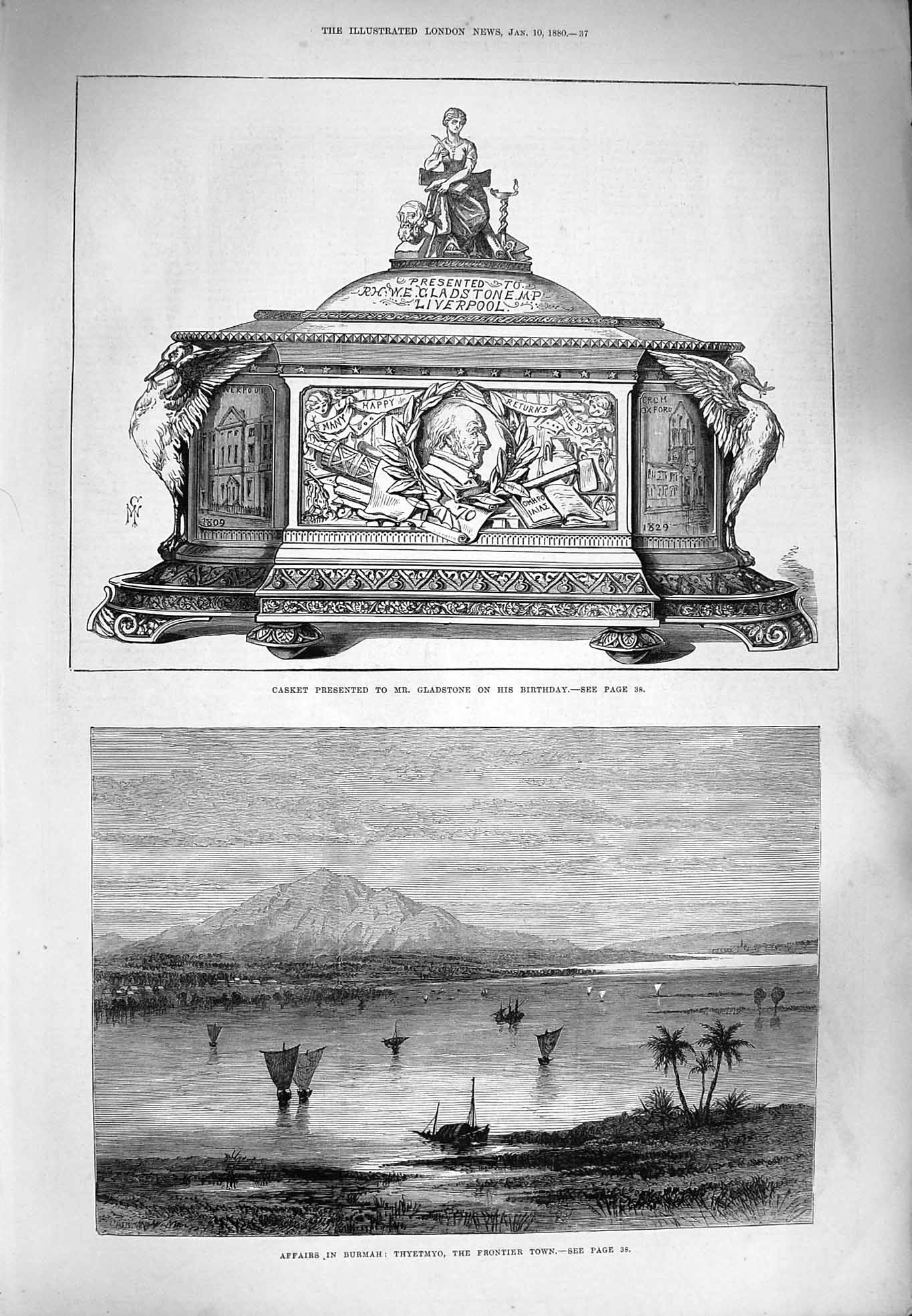 Original Old Antique Print 1880 Casket Gladstone Burmah Thyetmyo Frontier Town