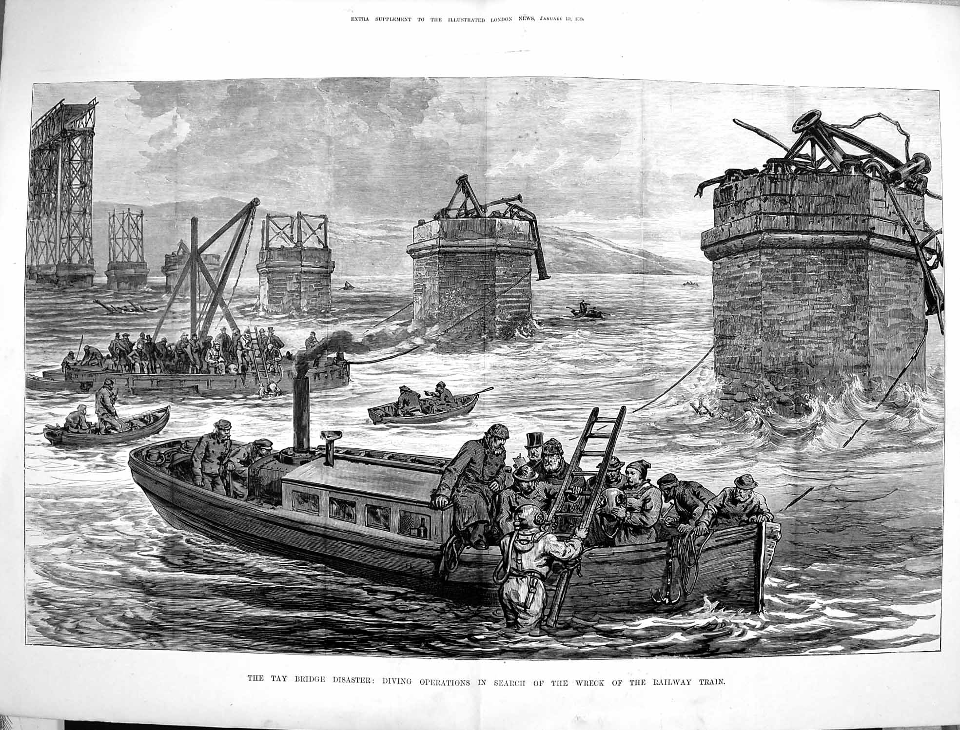Original Old Antique Print 1880 Tay Bridge Disaster Wreck Railway Train S 19th