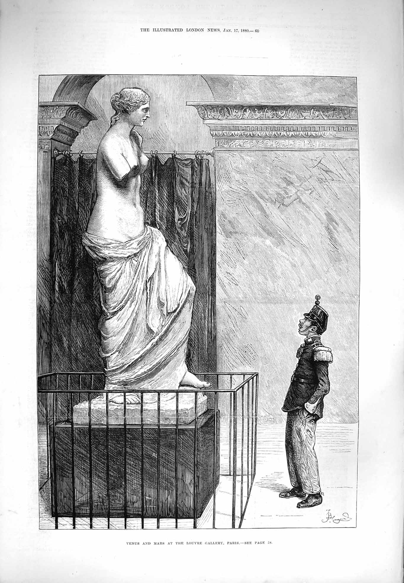 Old Antique Print 1880 Sculpture Venus Mars Louver Gallery Paris France 19th