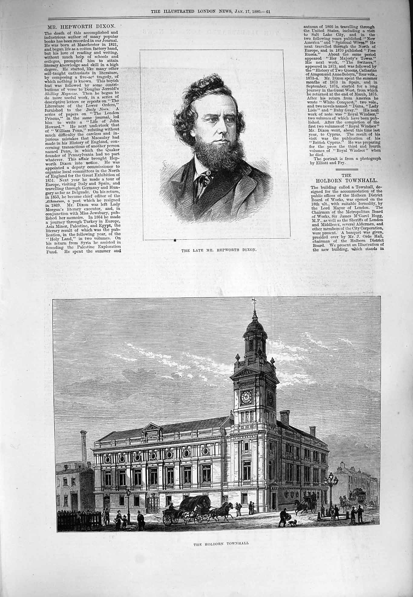 Original Old Antique Print 1880 Hepworth Dixon Holborn Townhall Architecture