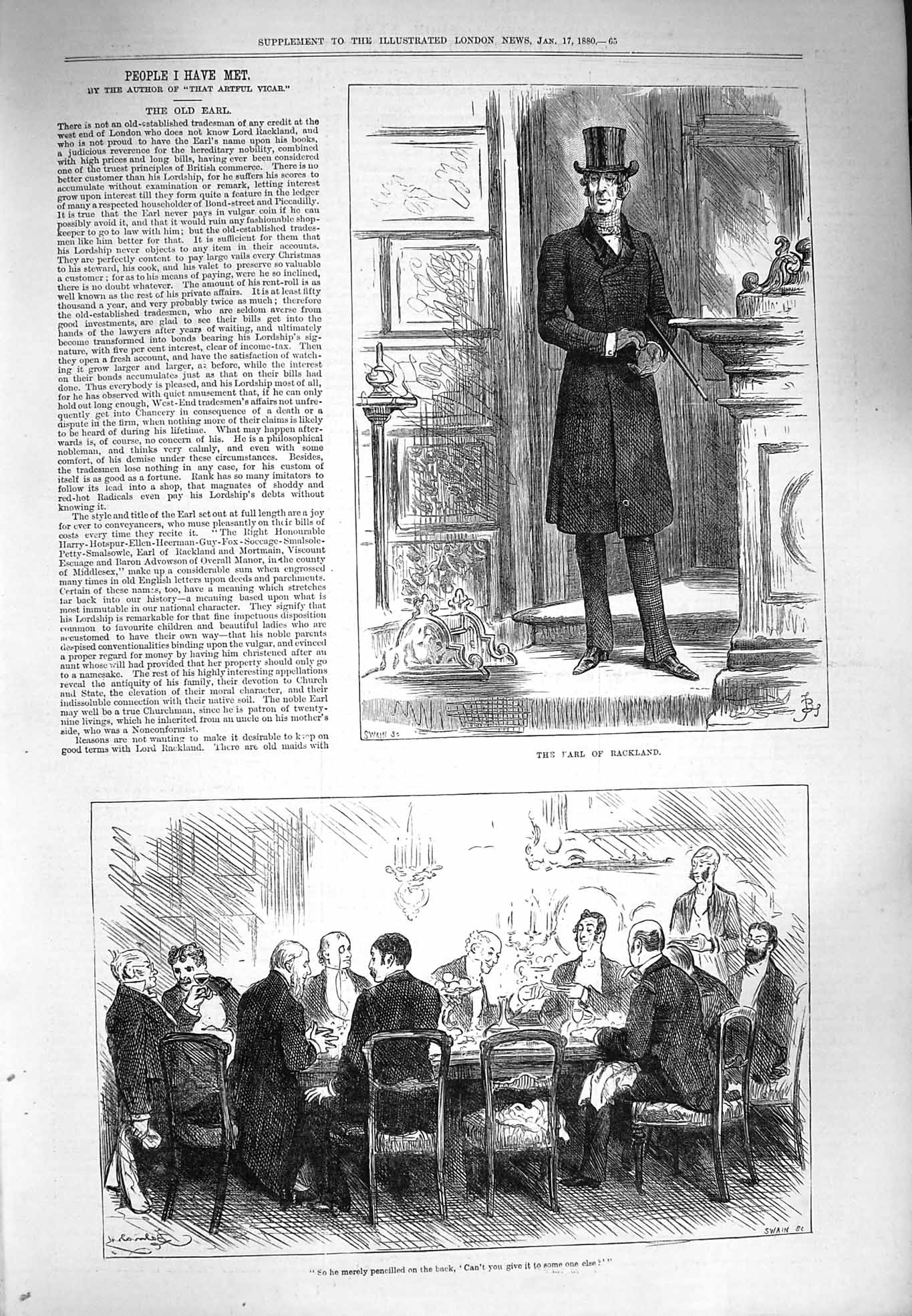 Old Antique Print 1880 Earl Rackland Men Meeting Dinner Table People Met 19th