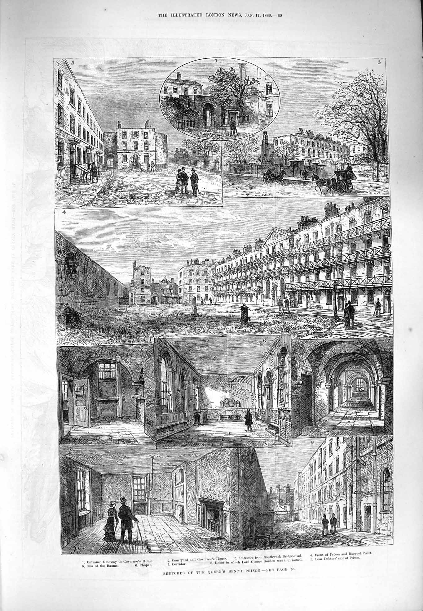 Original Old Antique Print 1880 Queen Bench Prison Lord George Gordon G 19th