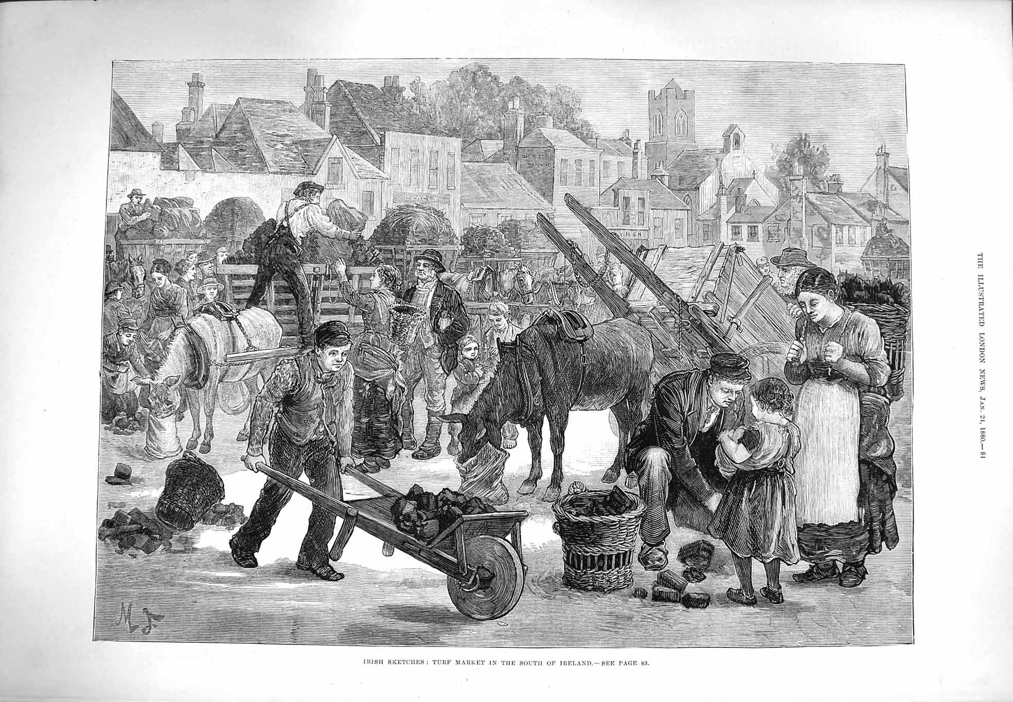 Original Old Antique Print 1880 Ireland Turf Market Street Scene Horses Carts