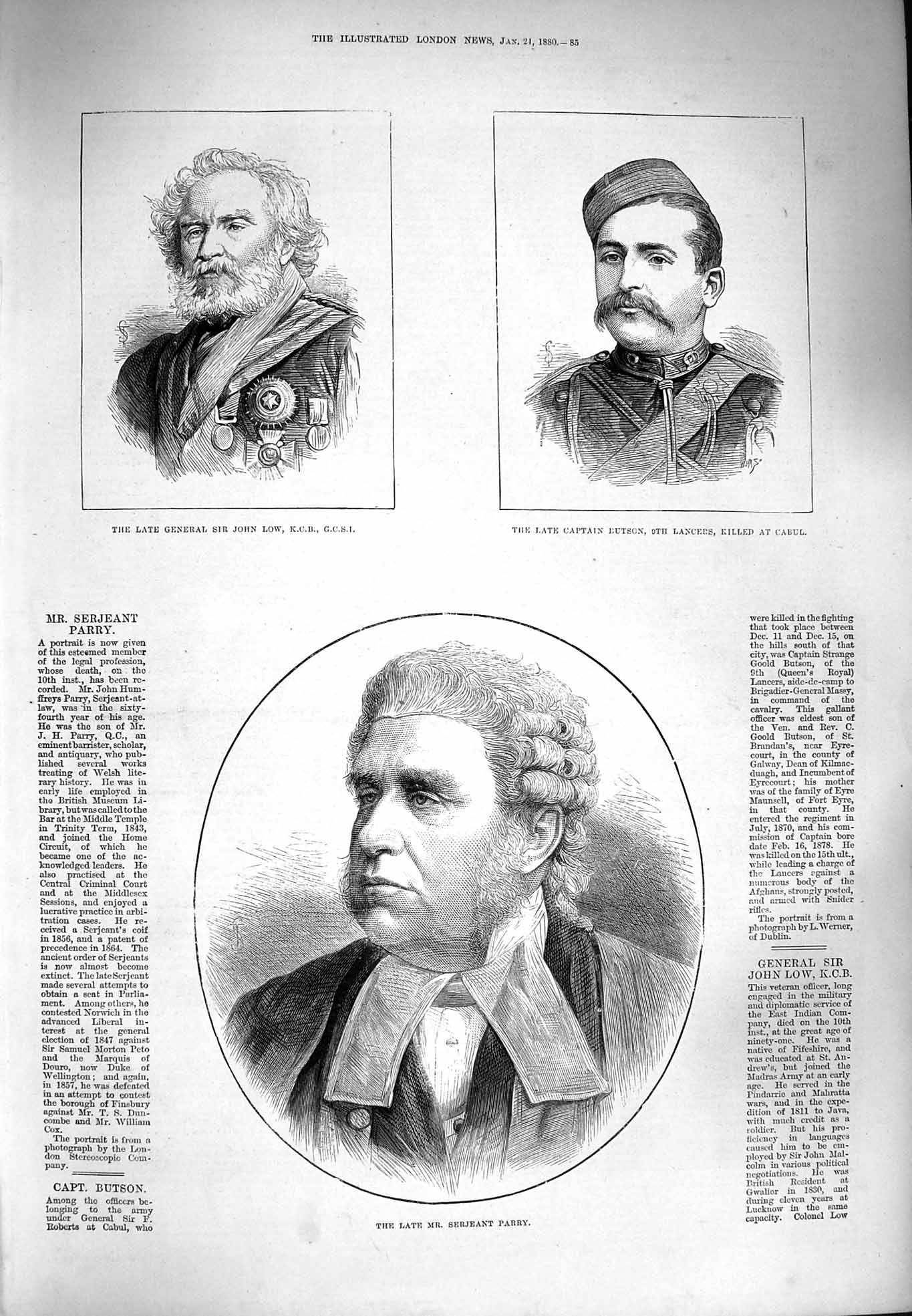 Original Old Antique Print 1880 General John Low Captain Butson Serjeant Parry