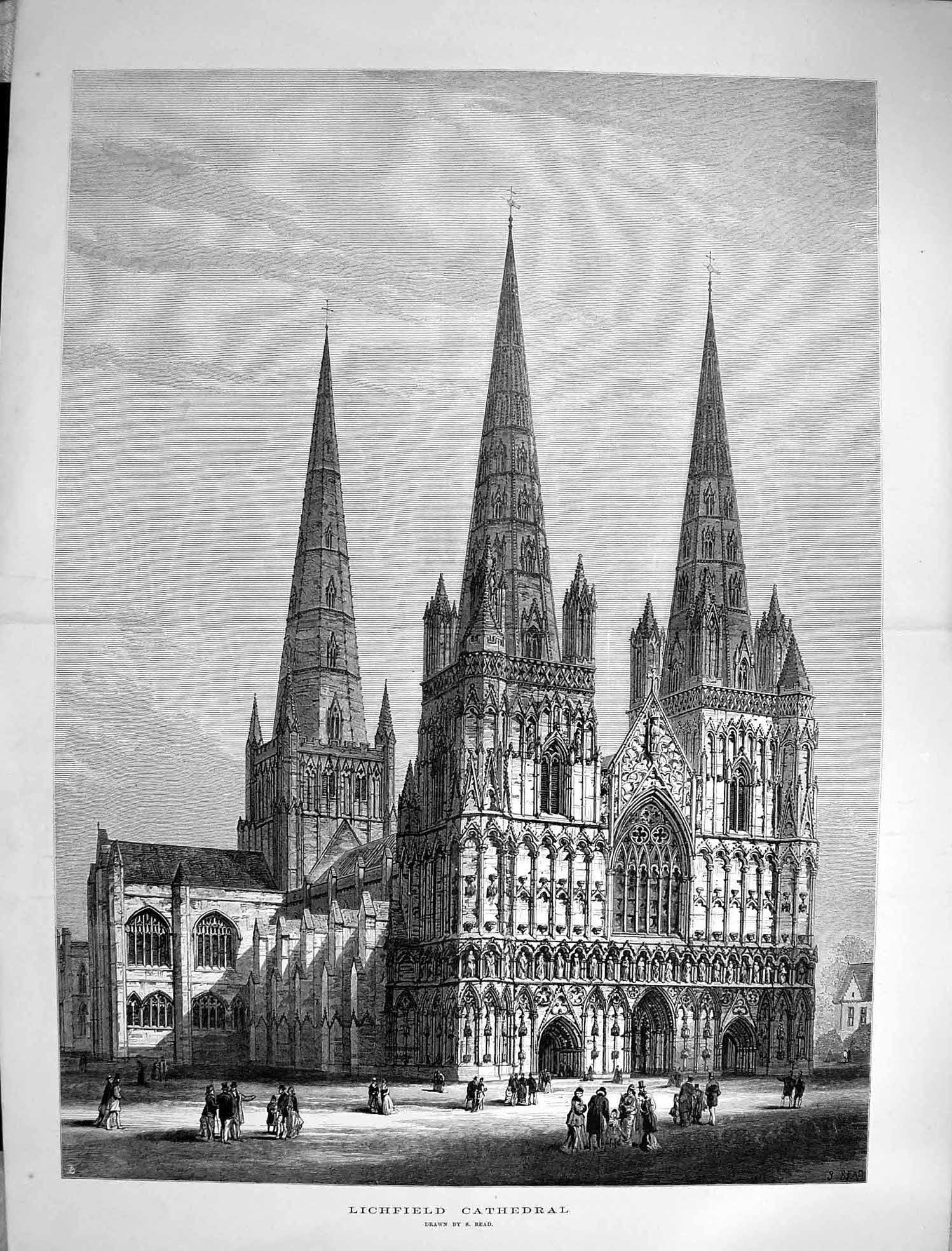 Old Antique Print 1880 Exterior Lichfield Cathedral Architecture England 0 19th