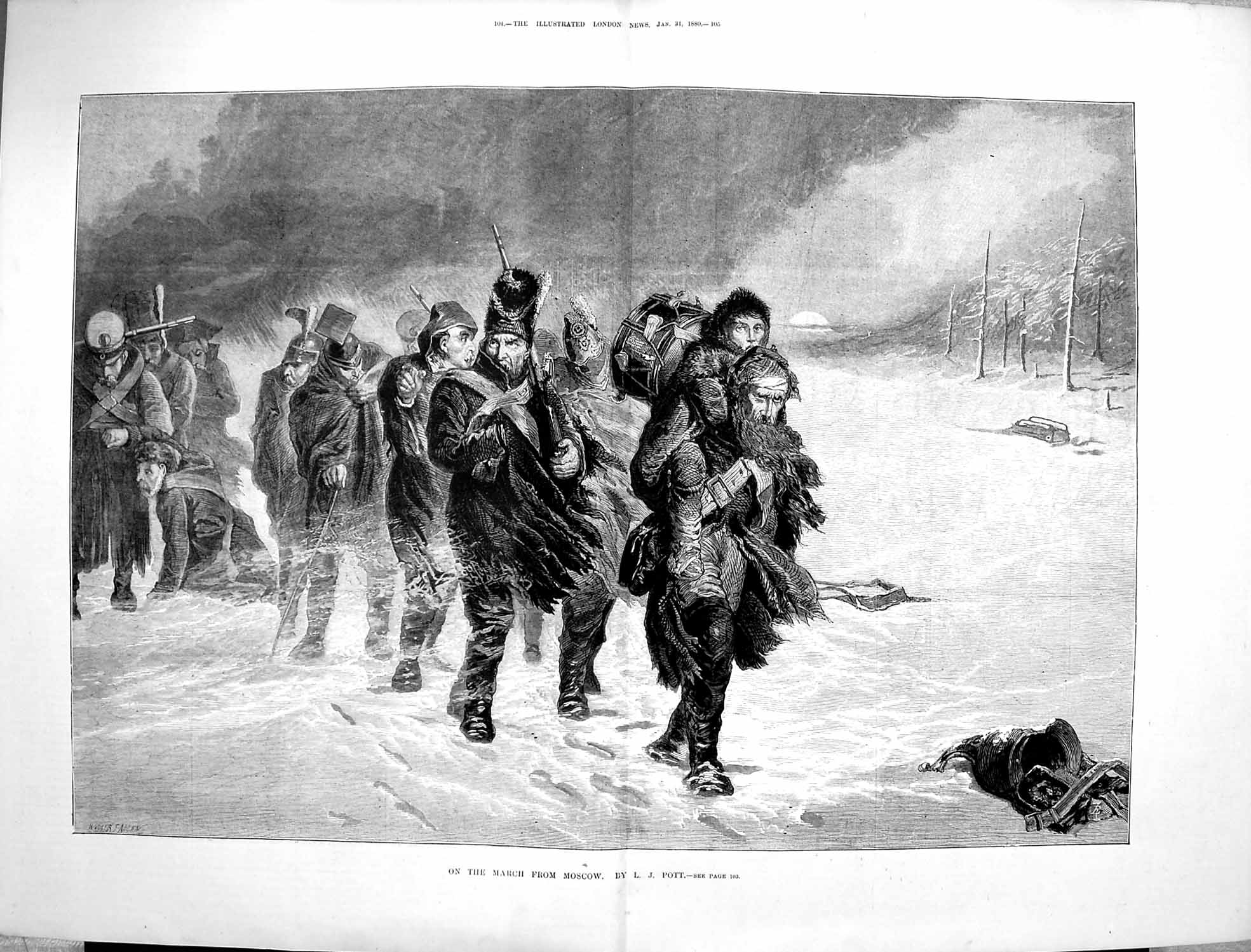 Original Old Antique Print 1880 Siers Marching Moscow Russia War Snow Winter