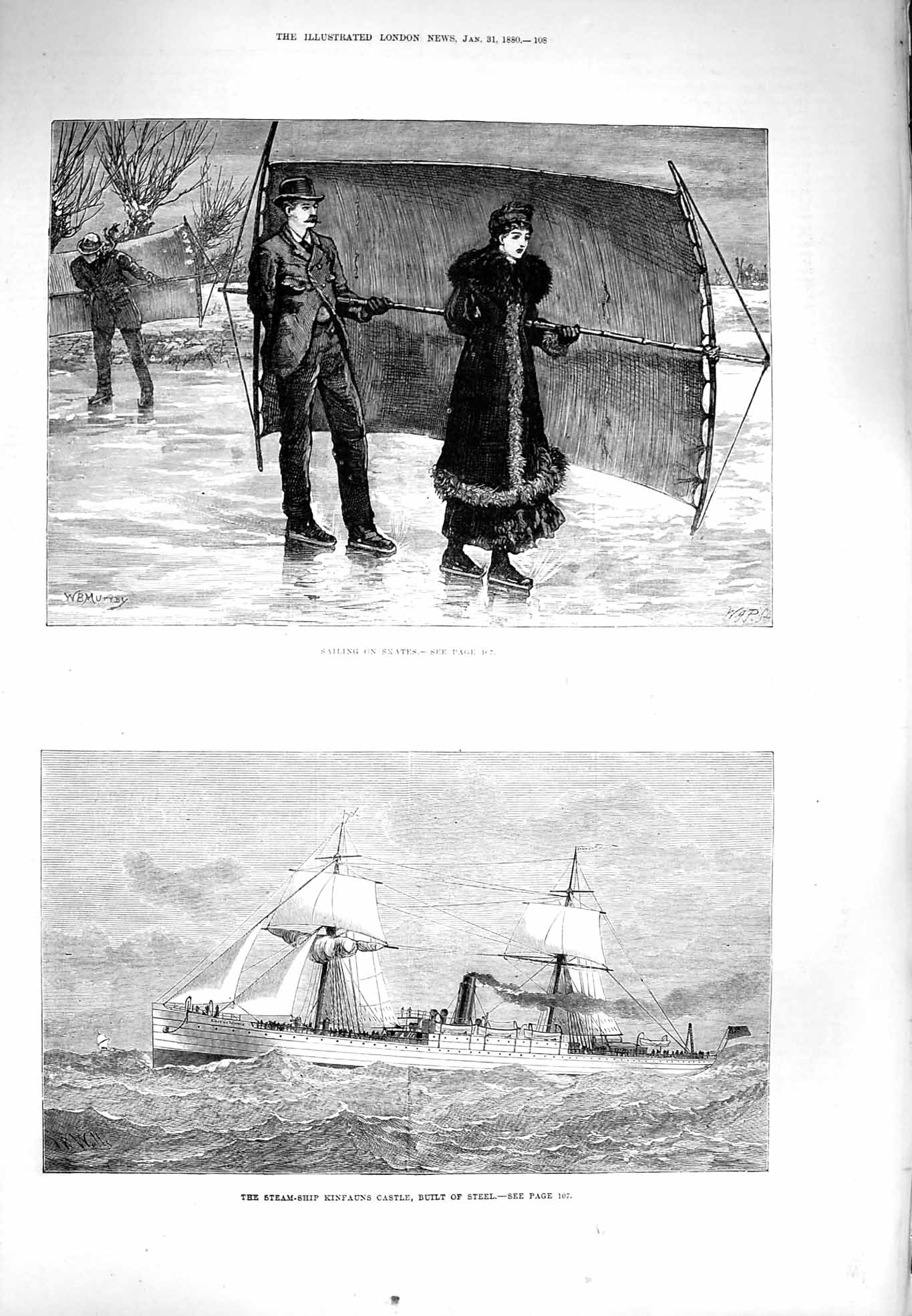 Original Old Antique Print 1880 Ice Skating Sailing Steam Ship Kinfauns Castle