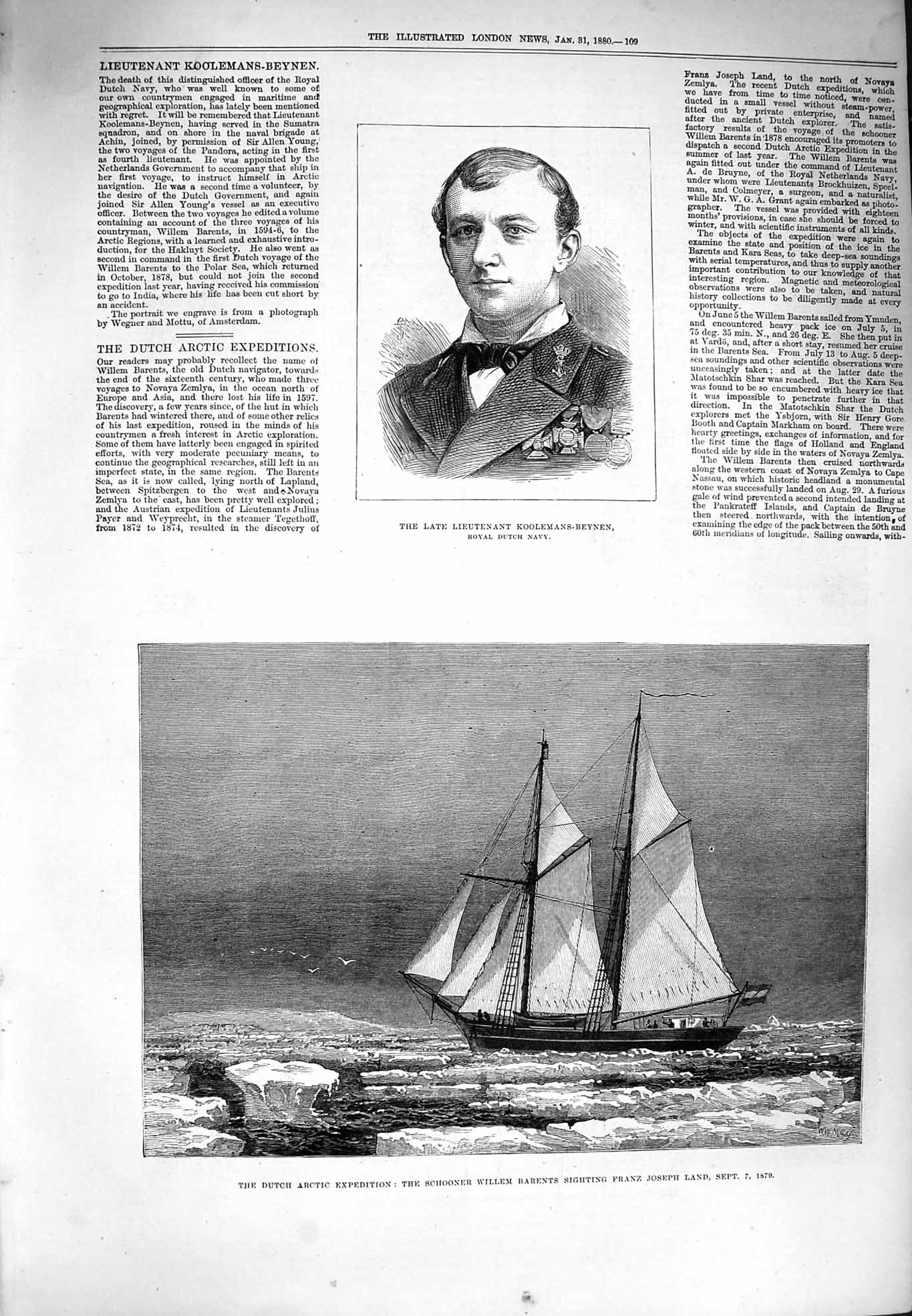 Old Antique Print 1880 Dutch Arctic Schooner Ship Willem Koolemans-Beynen 19th