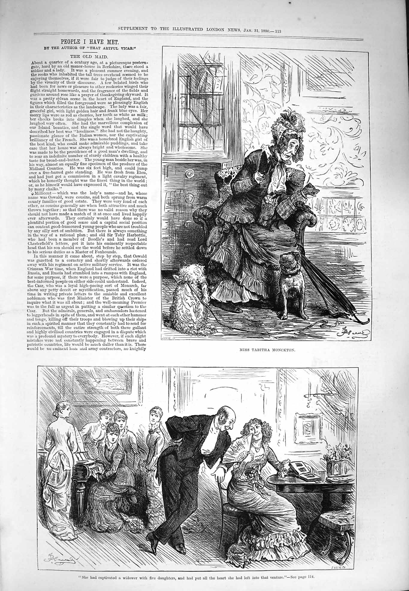 Original Old Antique Print 1880 Miss Tabitha Monckton Lady Man Romance Story