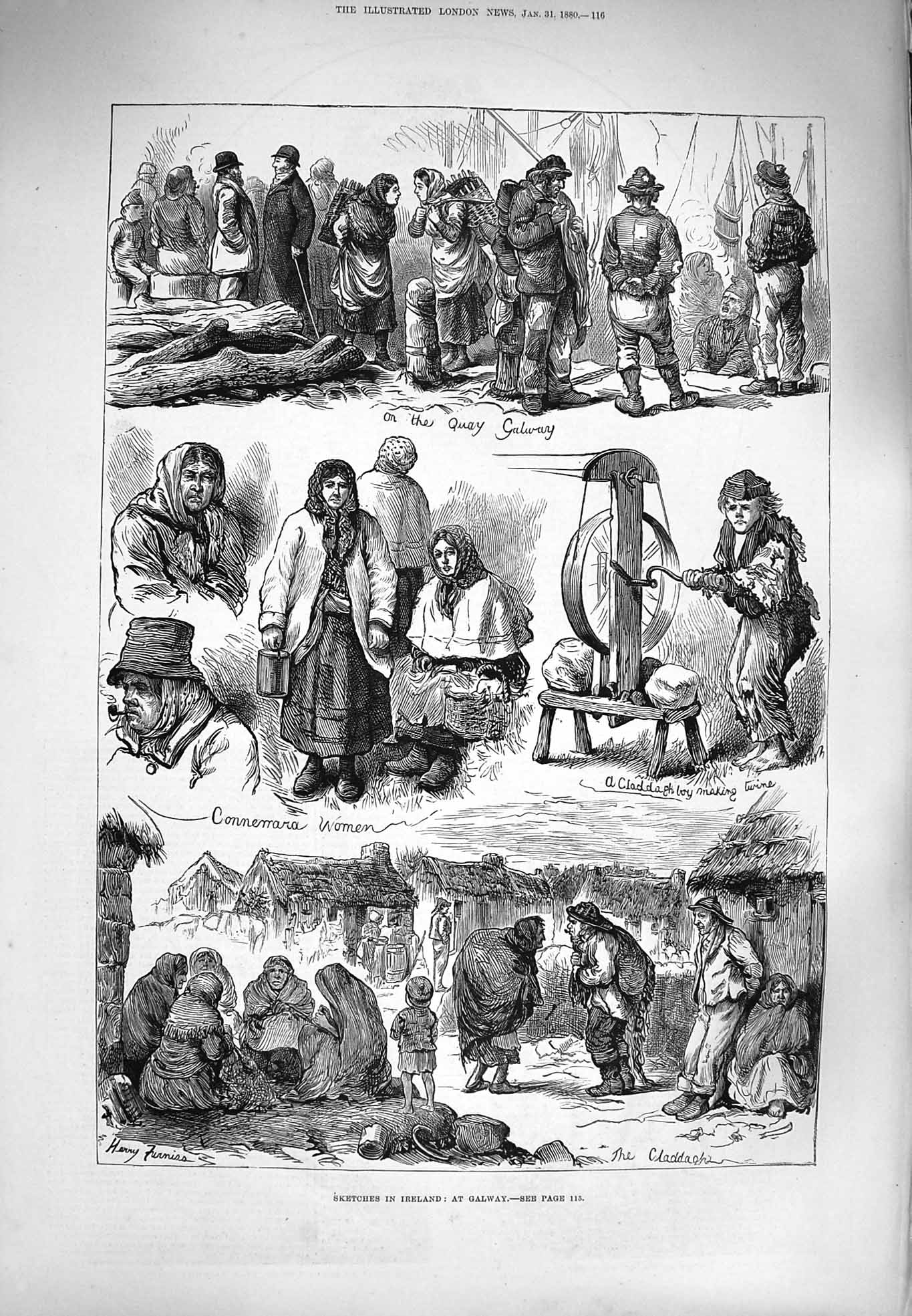 Old Antique Print 1880 Ireland Scene Galway Connemara Spinning Claddagh 19th