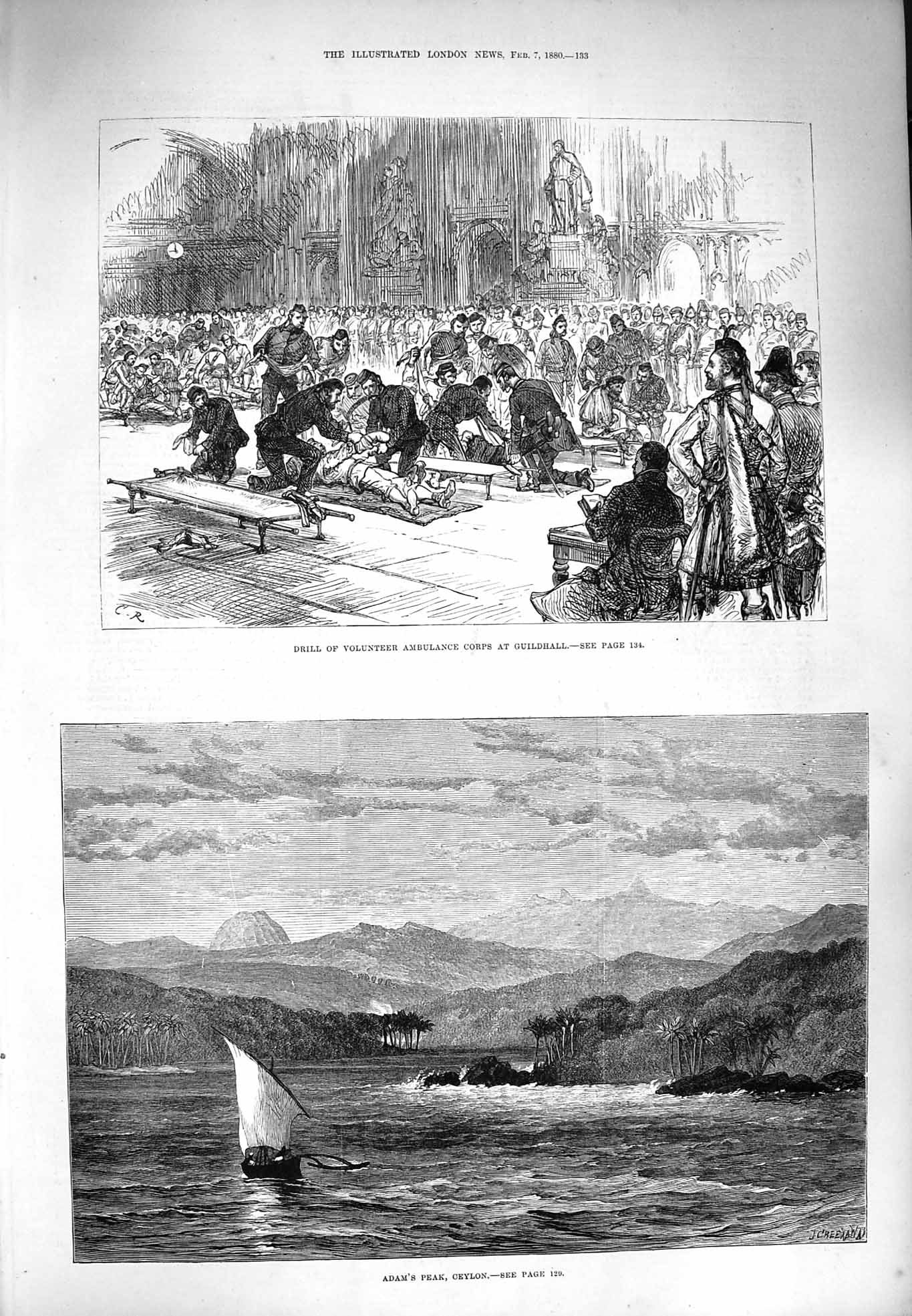 Old Antique Print 1880 Adam'S Peak Ceylon Volunteer Ambulance Guildhall 19th