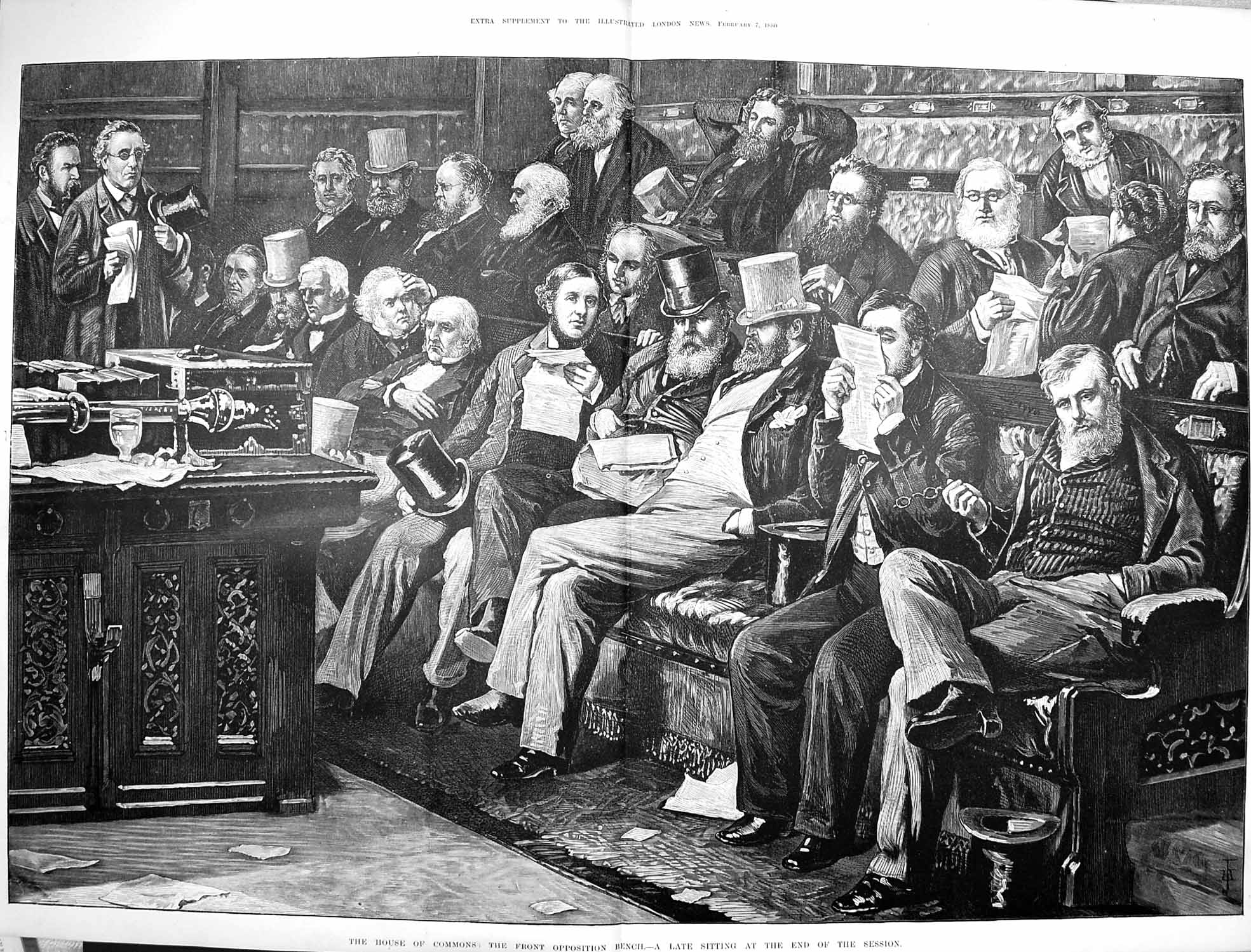 Old Antique Print 1880 House Commons Front Opposition Bench Parliament 19th