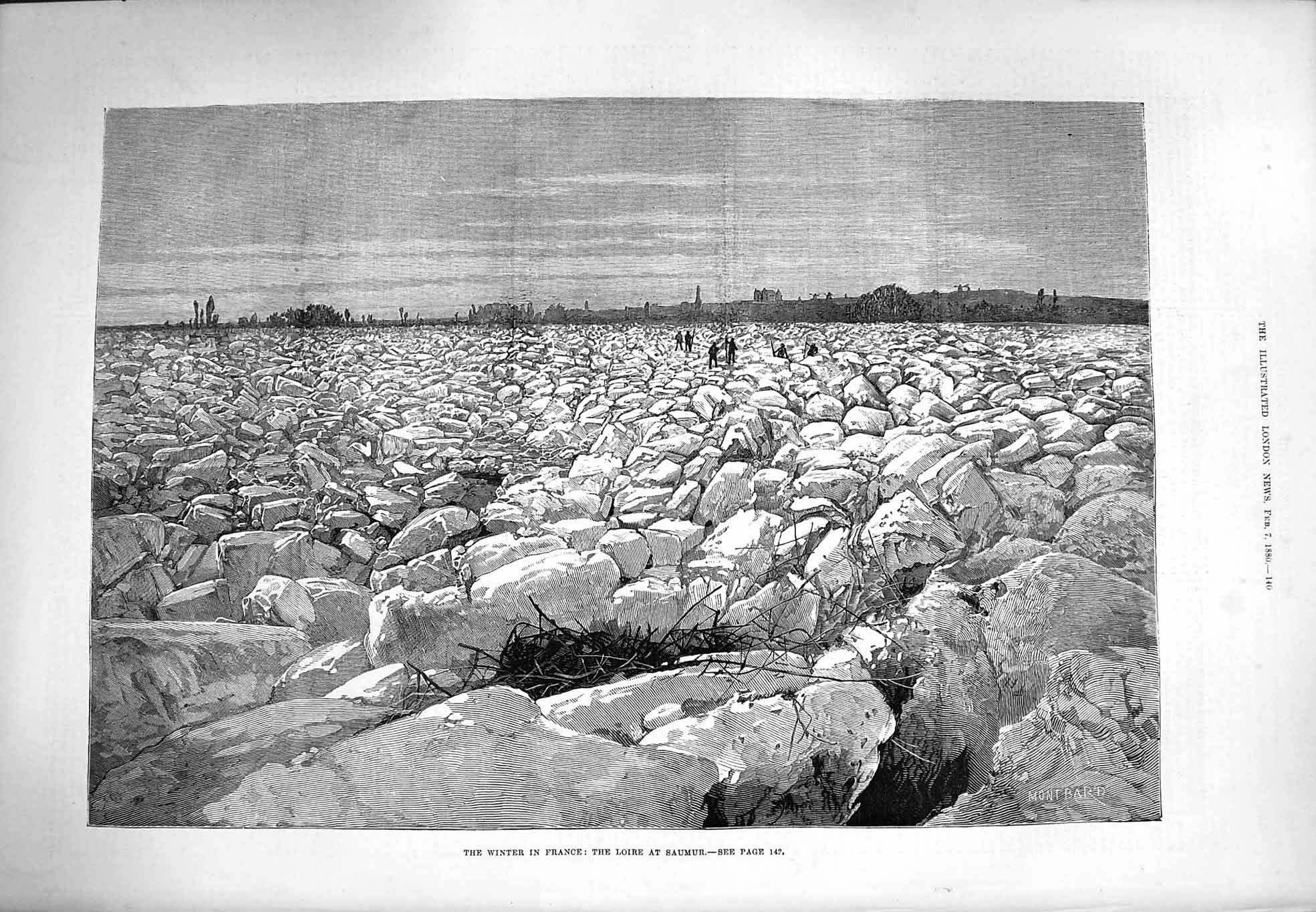 Original Old Antique Print 1880 Winter Scene France Loire Saumur 19th