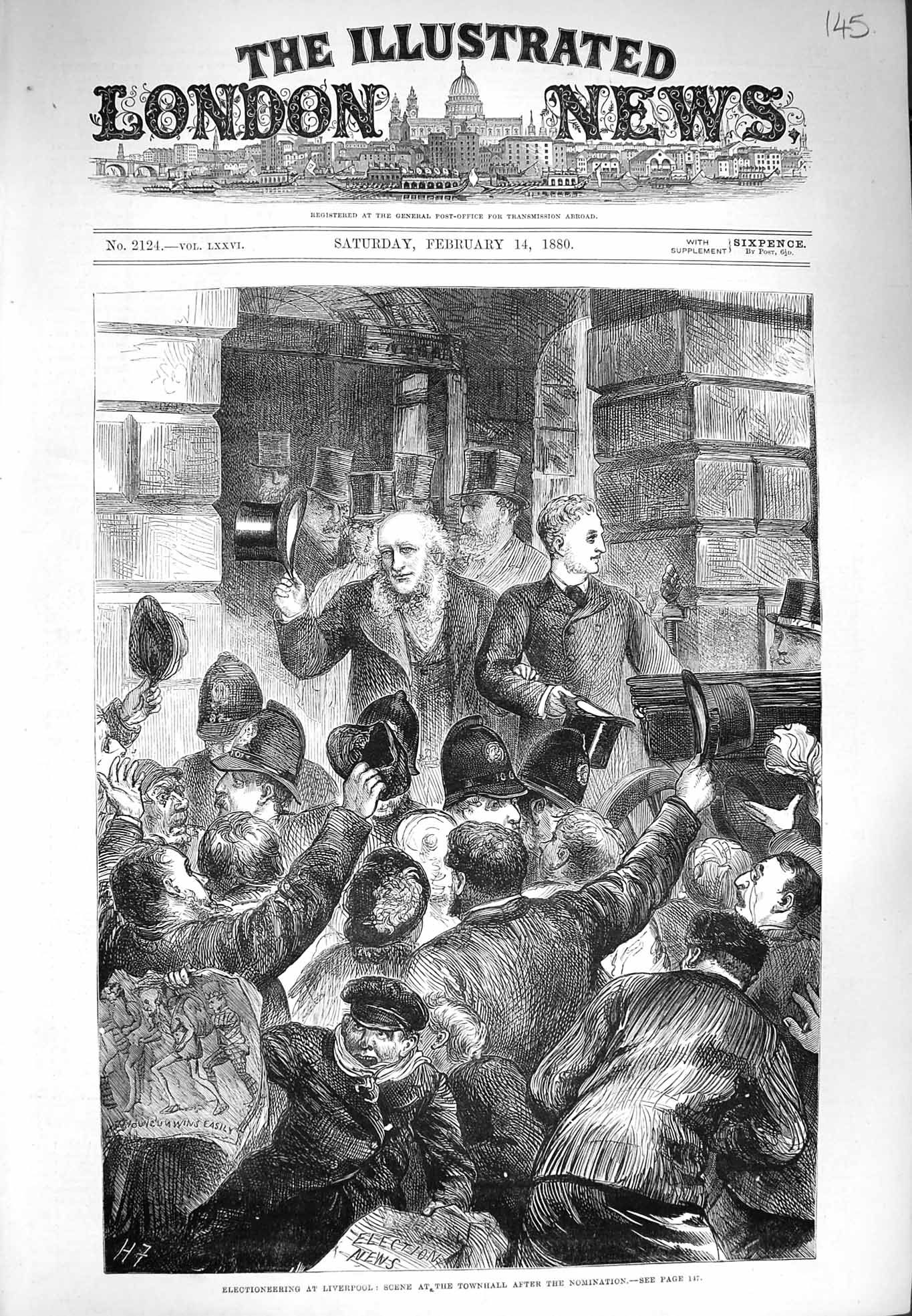Original Old Antique Print 1880 Election Liverpool Scene Townhall Nomination