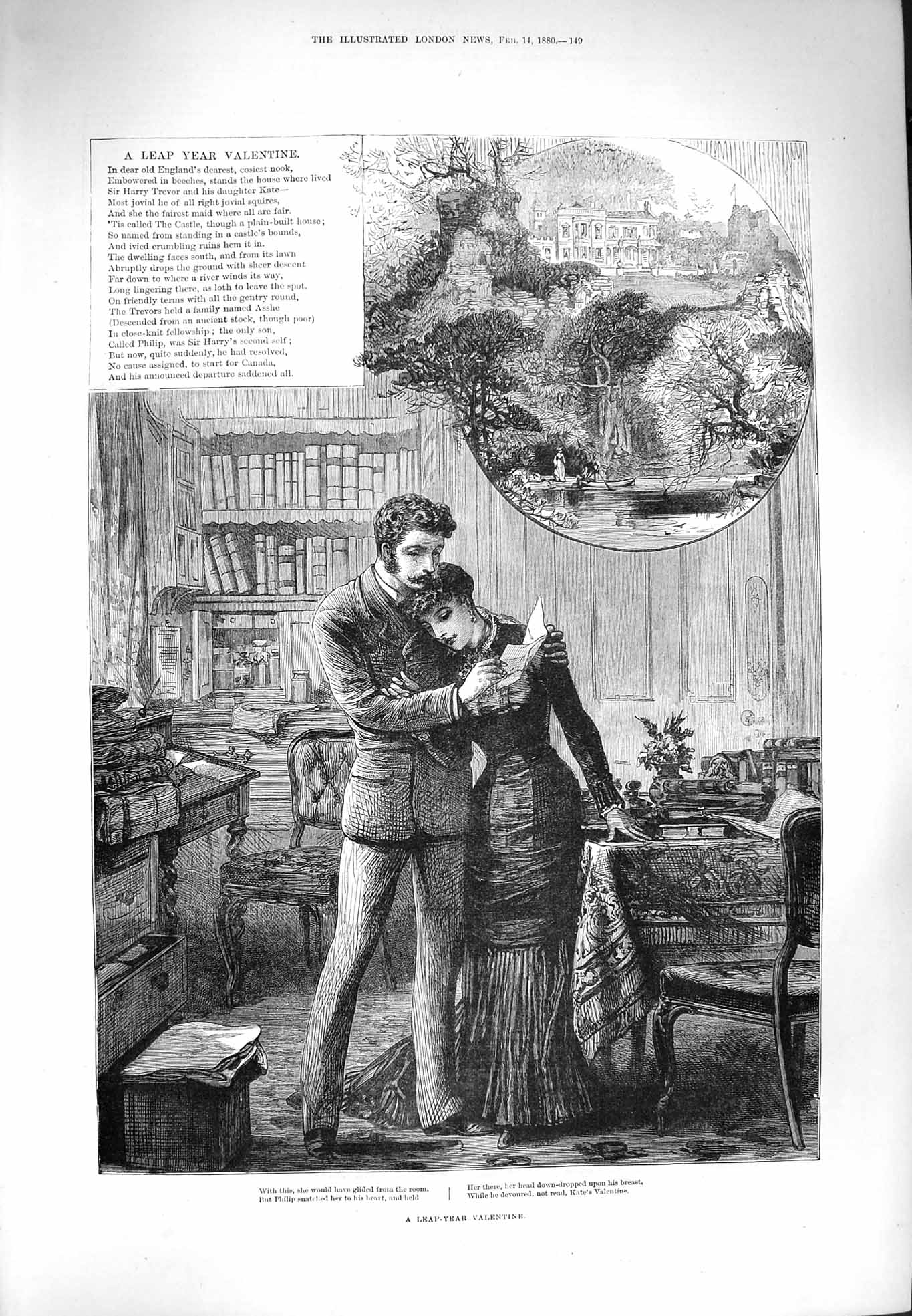 Original Old Antique Print 1880 Leap Year Valentine Romance Lady Man Fine Art