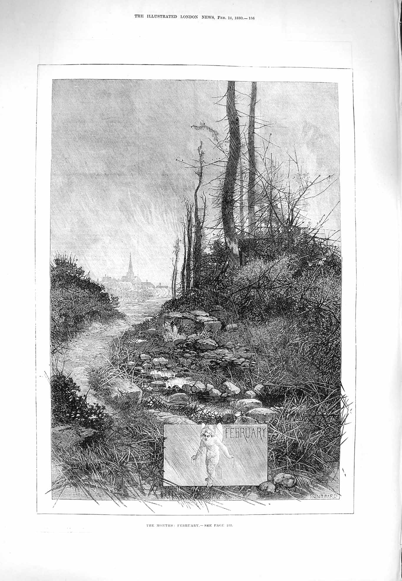 Old Antique Print 1880 Scene Month February Trees Rain Weather Montbard 19th