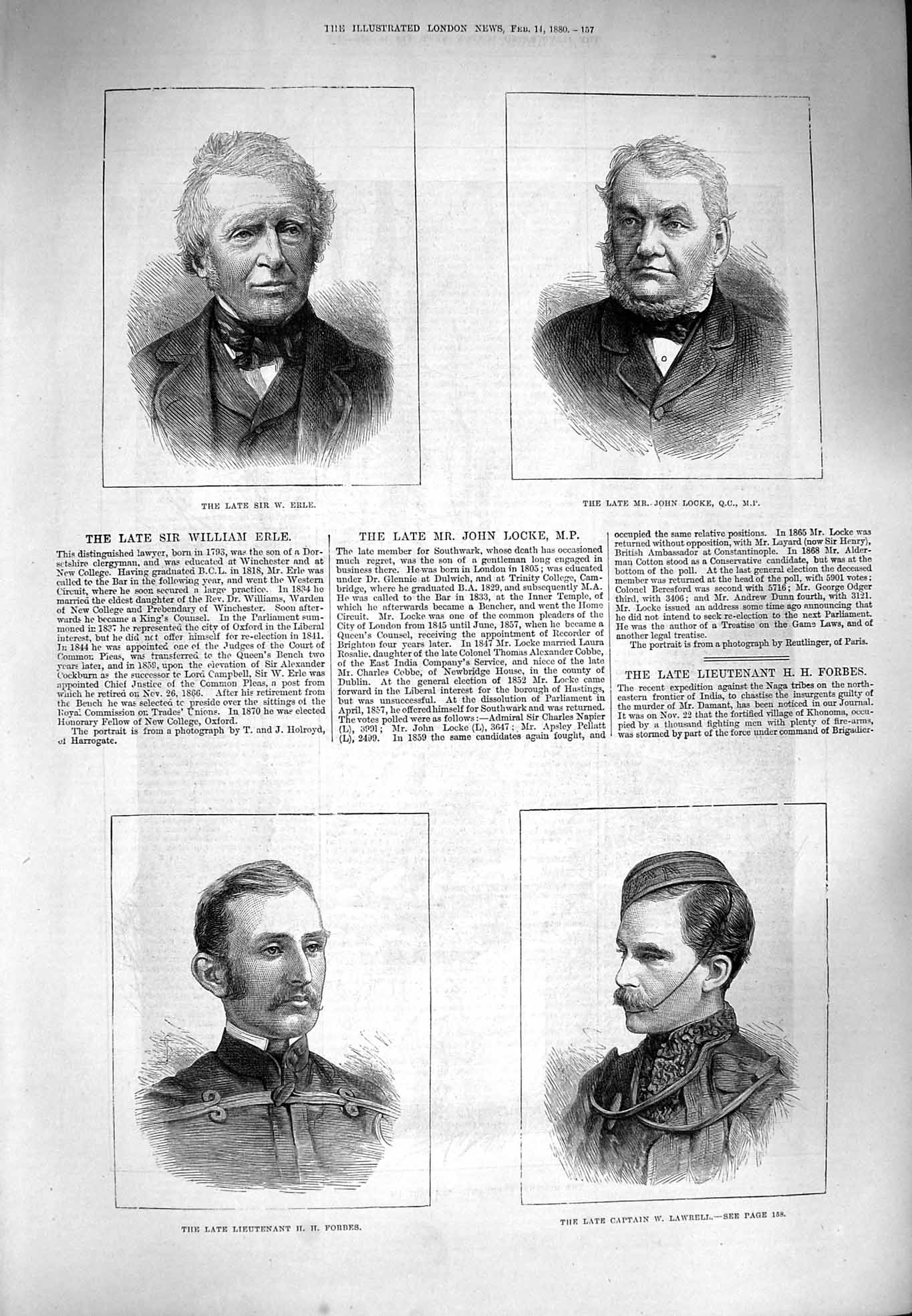Original Old Antique Print 1880 William Erle John Locke Forbes Captain Lawrell