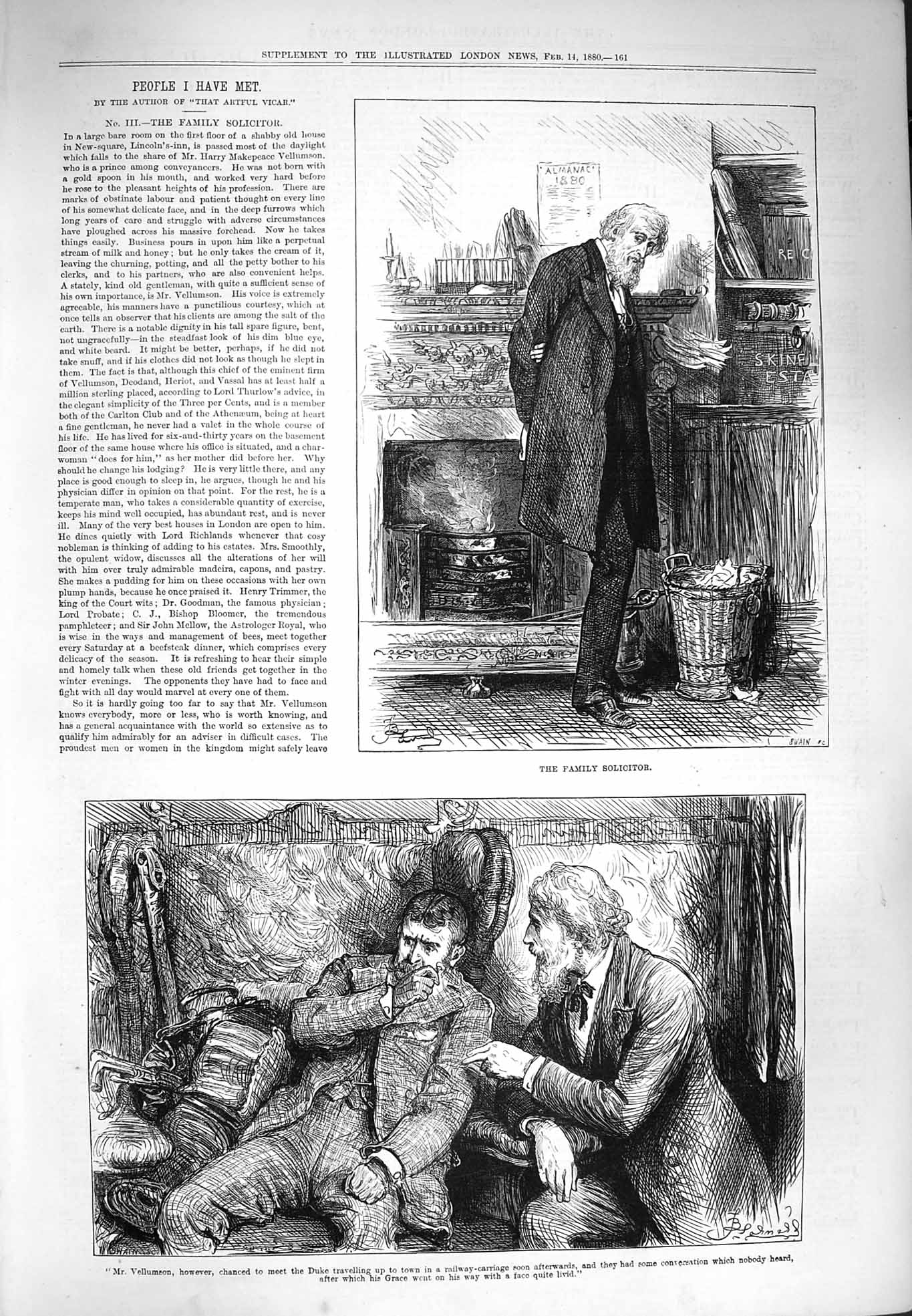 Original Old Antique Print 1880 Family Solicitor Man Vellumson Railway Carriage