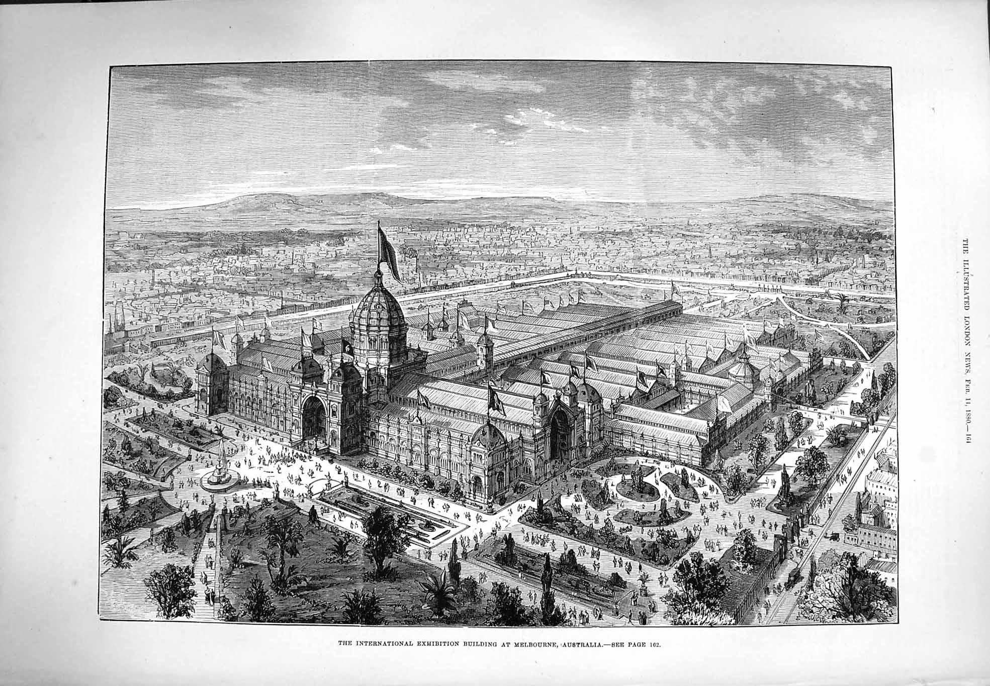 Original Old Antique Print 1880 View Exhibition Building Melbourne Au Victorian