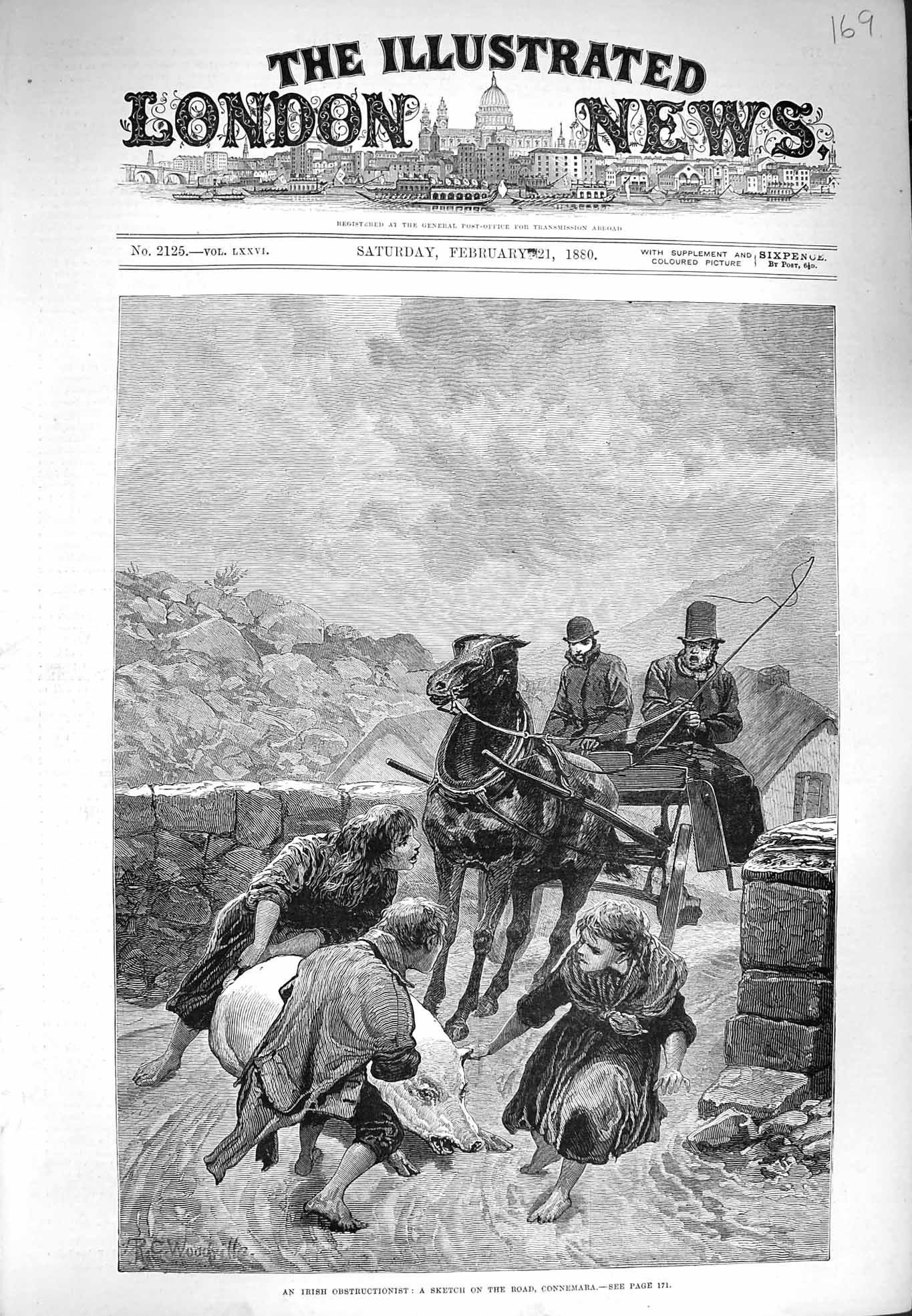 Old Antique Print 1880 Ireland Scene Road Connemara Children Pig Horses 19th
