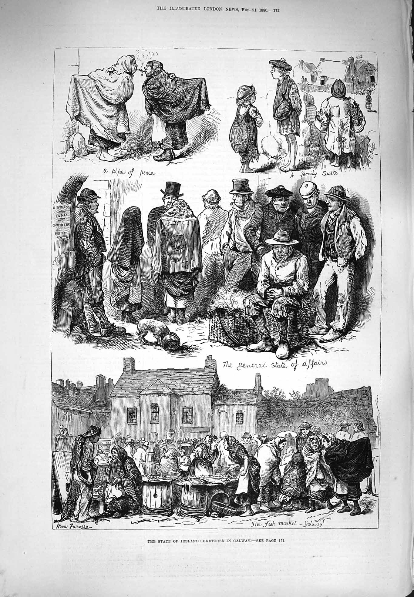 Old Antique Print 1880 Ireland Scene Galway Fish Market People Pipe Peace 19th