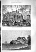 Original Old Antique Print 1880 Fire Dublin Theatre Ship Bacchante George 19th