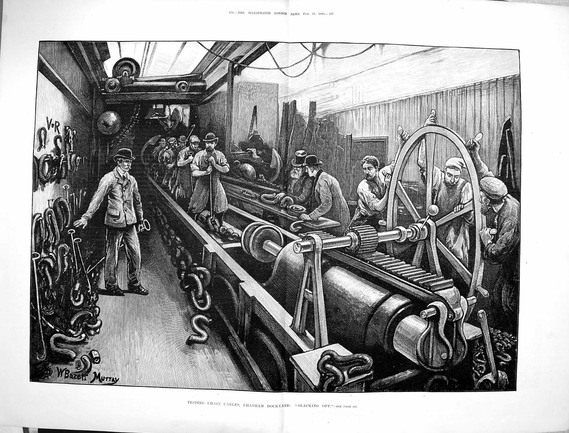 Antique Old Print 1880 Testing Chain Cables Chatham Dockyard Slacking Off 19th