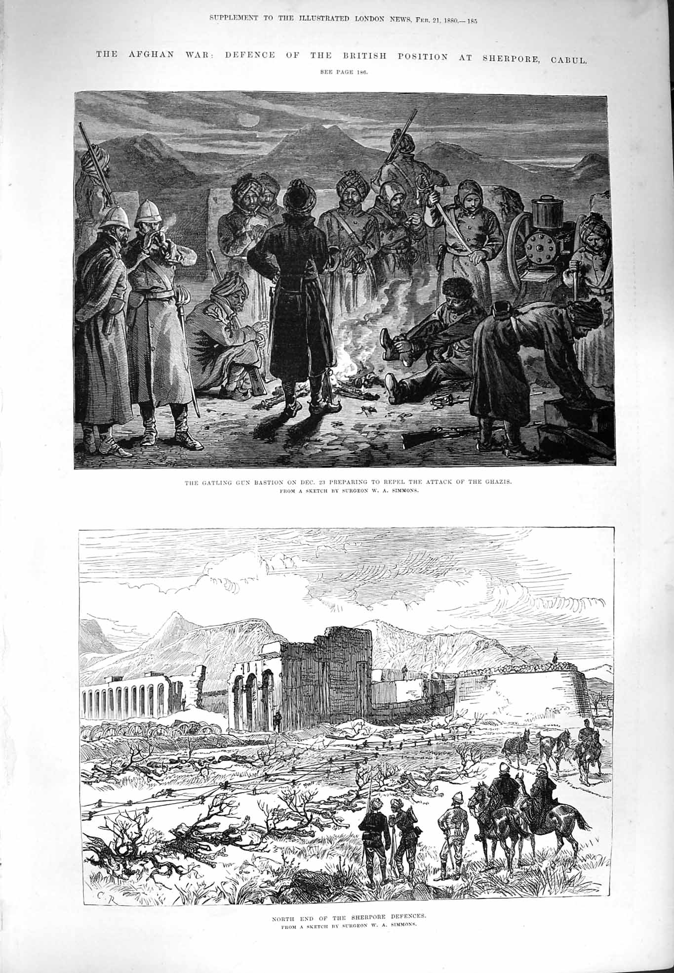 Old Antique Print 1880 Afghan War Sherpore Cabul Ghazis Sherpore Gatling 19th