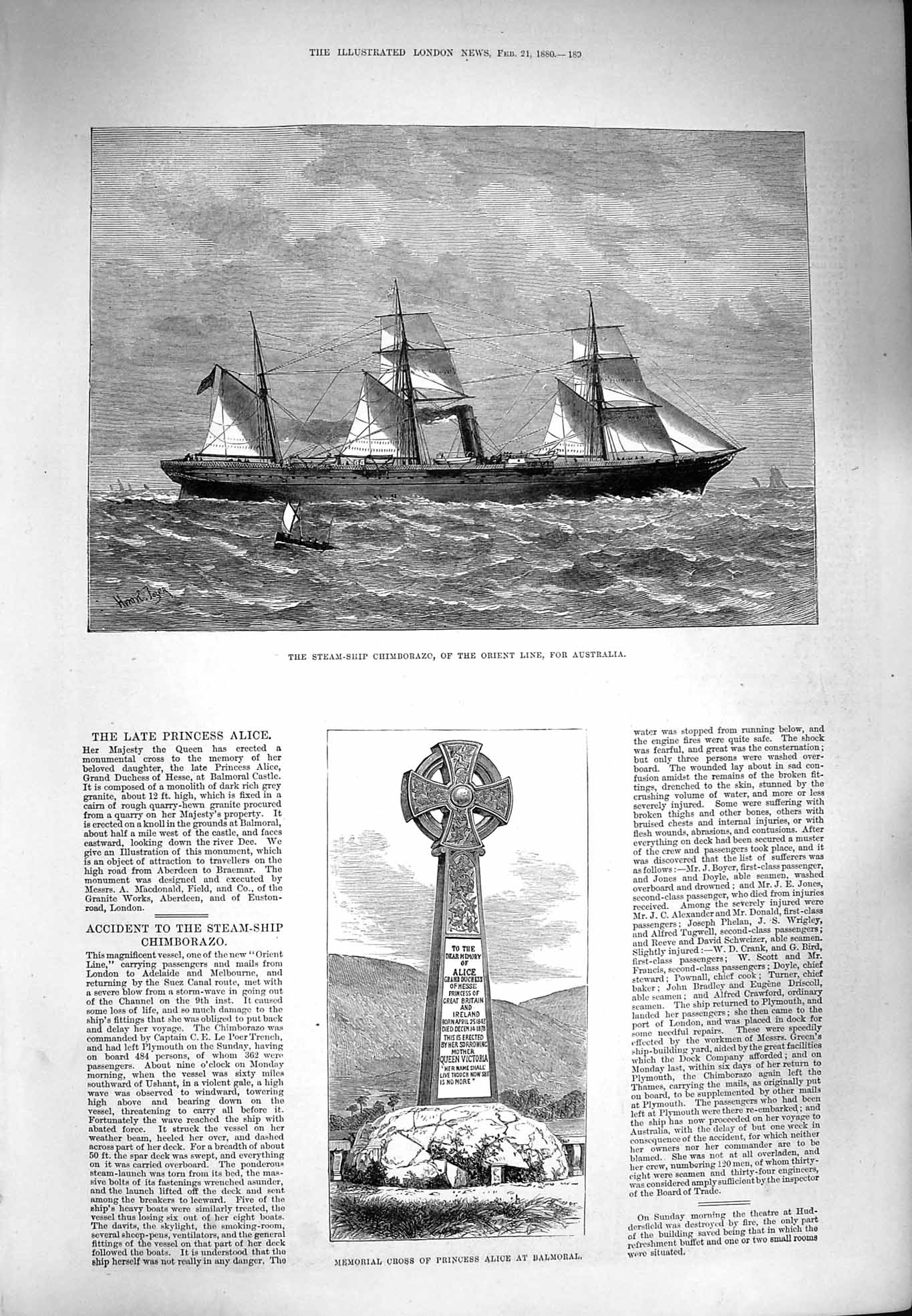 Original Old Antique Print 1880 Cross Princess Alice Balmoral Ship Chimborazo