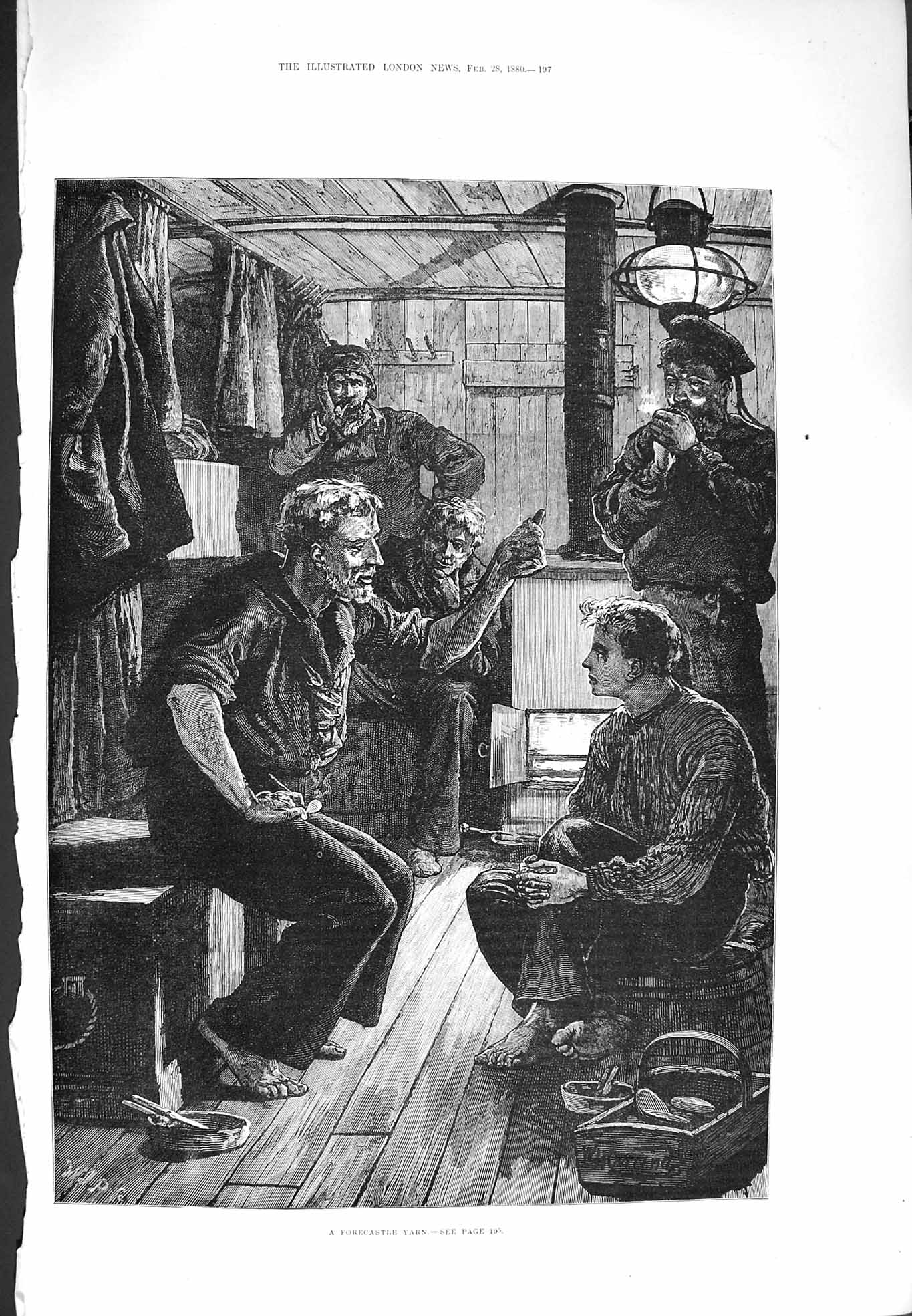 Original Old Antique Print 1880 Forecastle Yarn Ship Sailors Navy Fine Art 19th